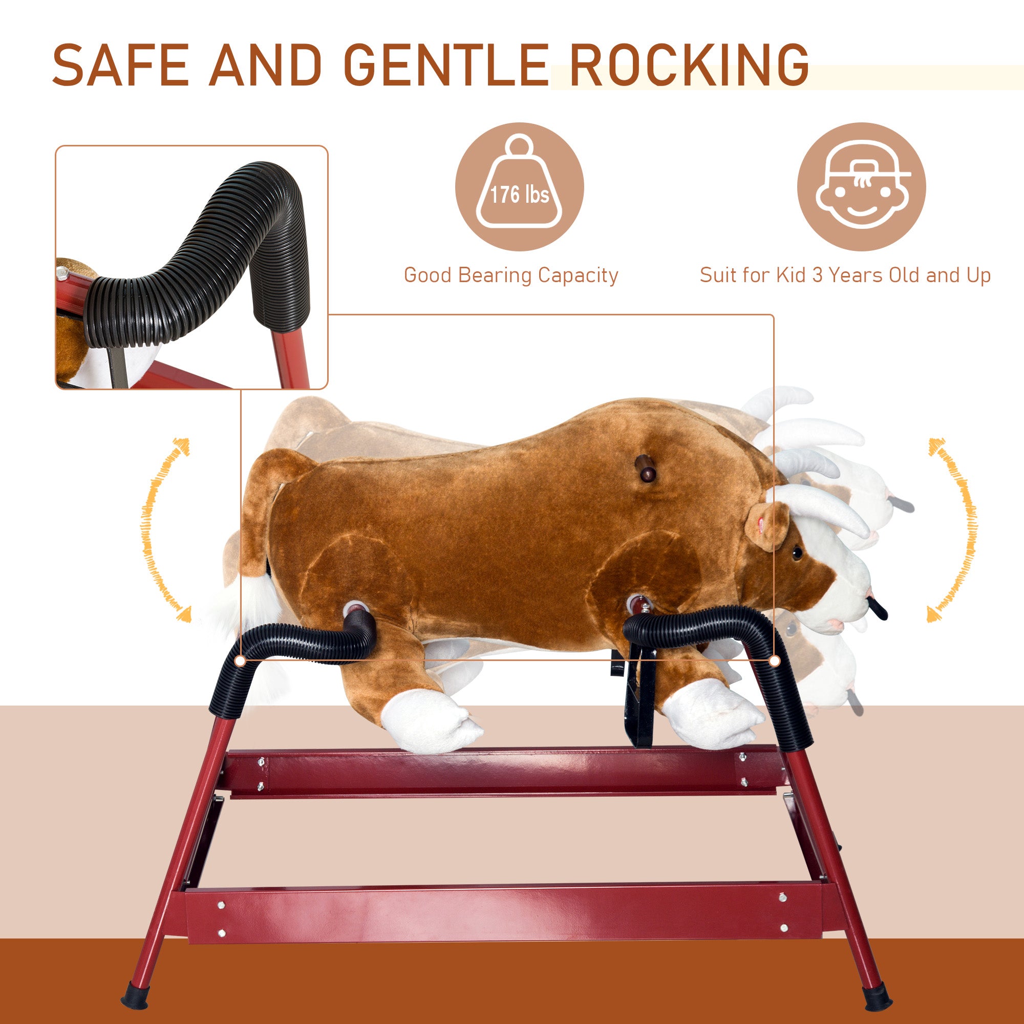 Kids Spring Rocking Horse Rodeo Bull Style with Realistic Sounds for Children over 3 Years Old