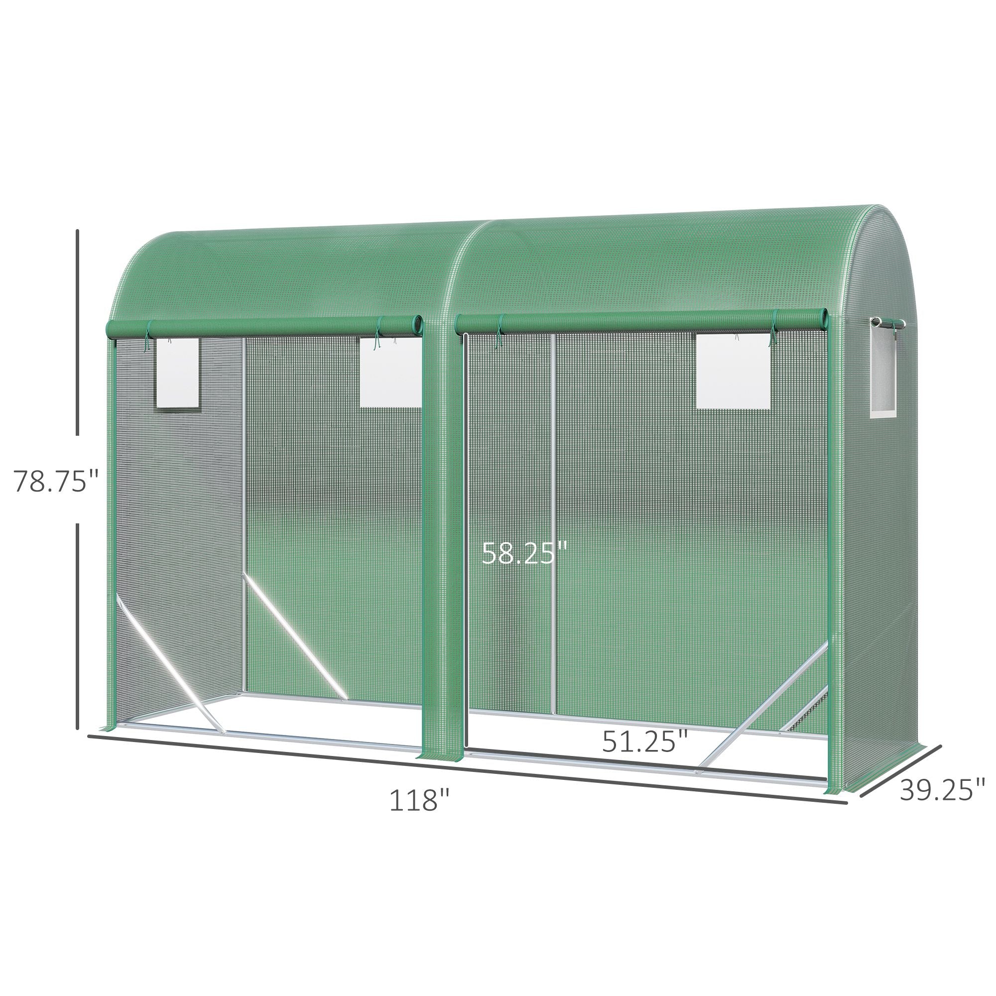 10' x 3' x 7' Walk-in Lean-to Greenhouse, Steel, 4 Zipper Roll-up Windows & 2 Doors, UV Protecting PE Cover for Growing Flowers, Vegetables, Tropical Plants, Saplings, Succulents, Green