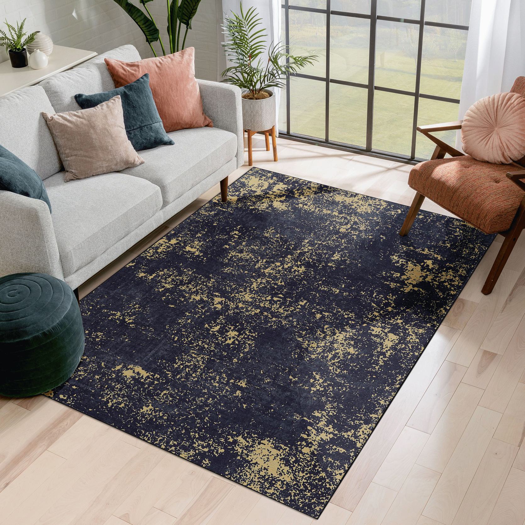 6x9 Non-Slip Machine Washable Area Rug with Low-Pile, Non-Shedding Kid and Pet Friendly Carpet, 72" L x 108" W x 0.15" H, Black+Gold