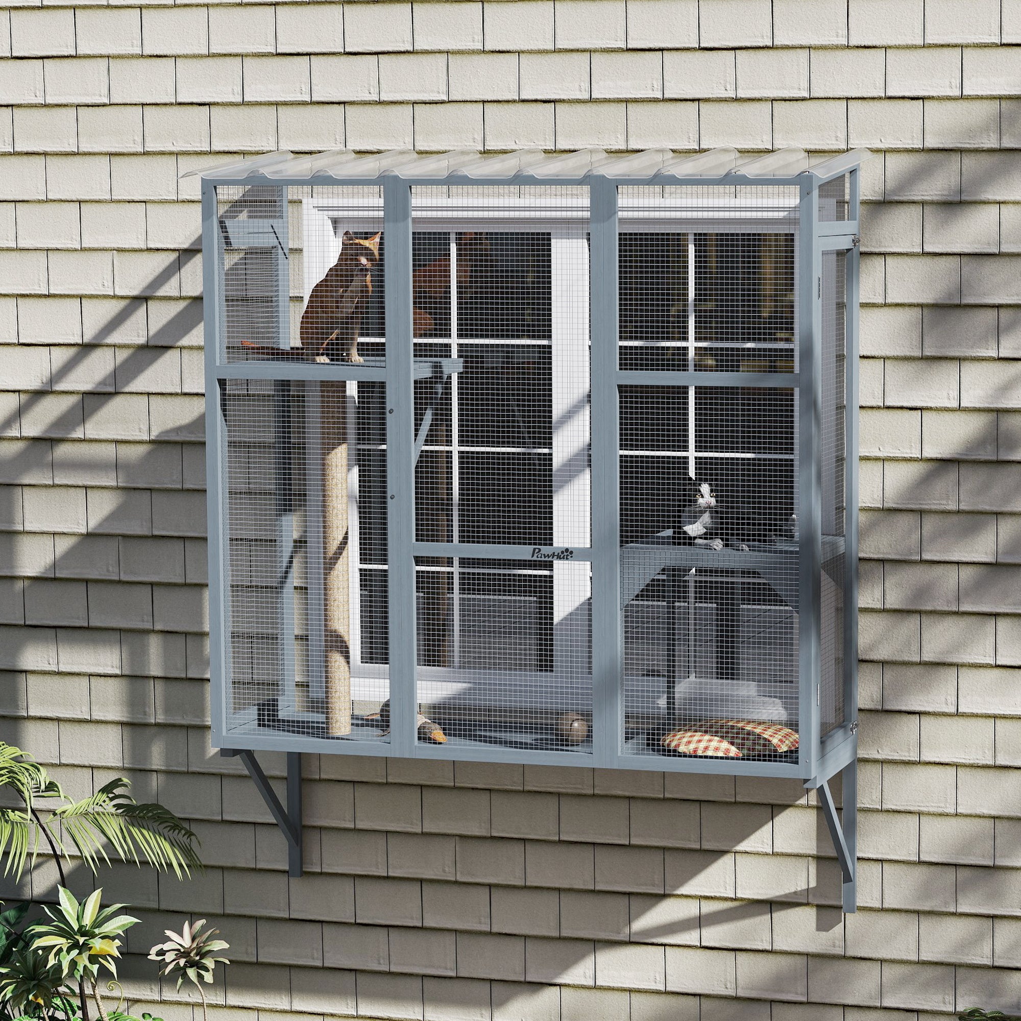 Catio Outdoor, Window Catio for 2-3 Large Indoor Cats w/ 2 Jumping Platforms, Scratching Post, for Playing, Napping