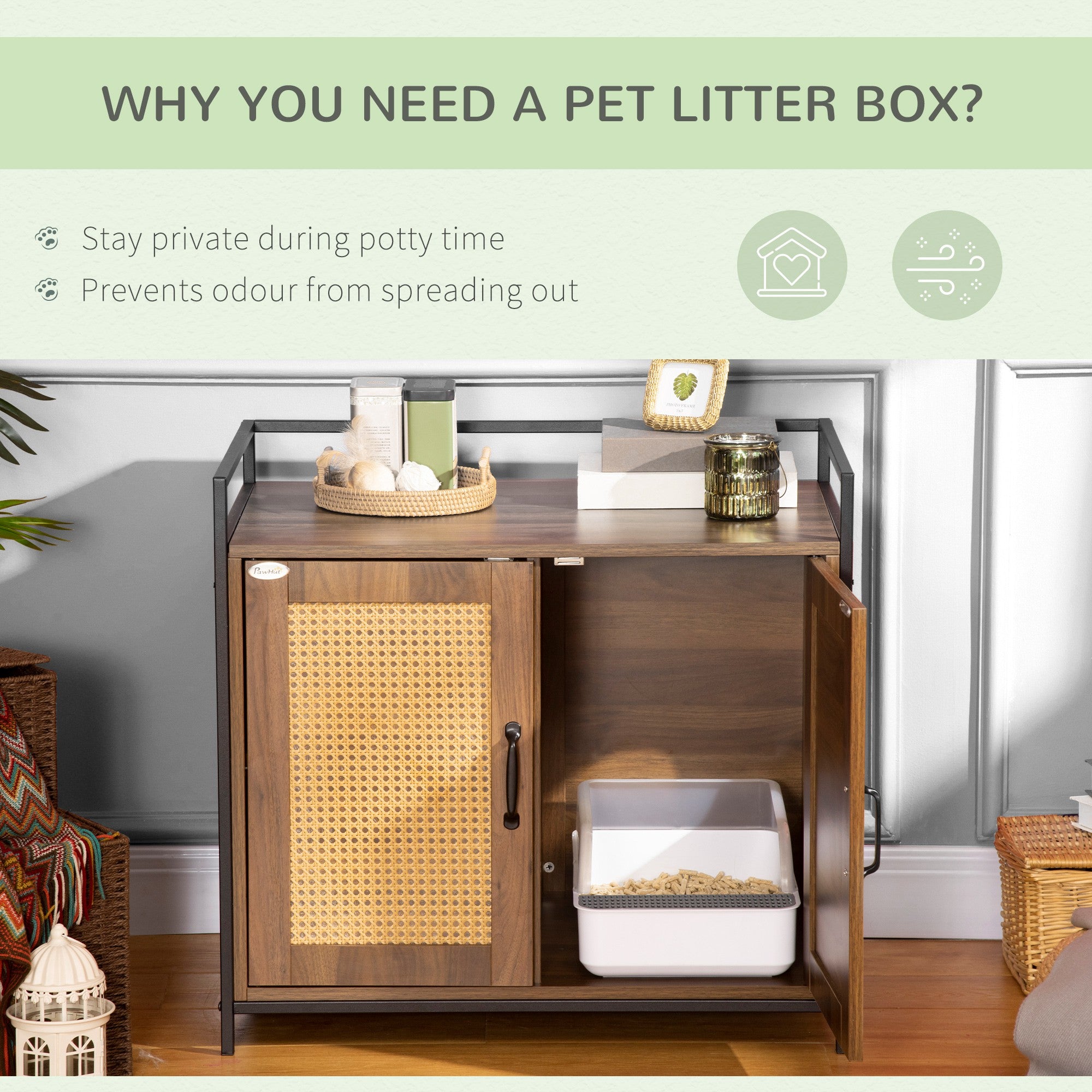 Shelved Hidden Litter Box Enclosure with Spacious Top and Interior, Large Cat Litter House End Table for Indoor Cats with Hidden Storage Cabinet Space