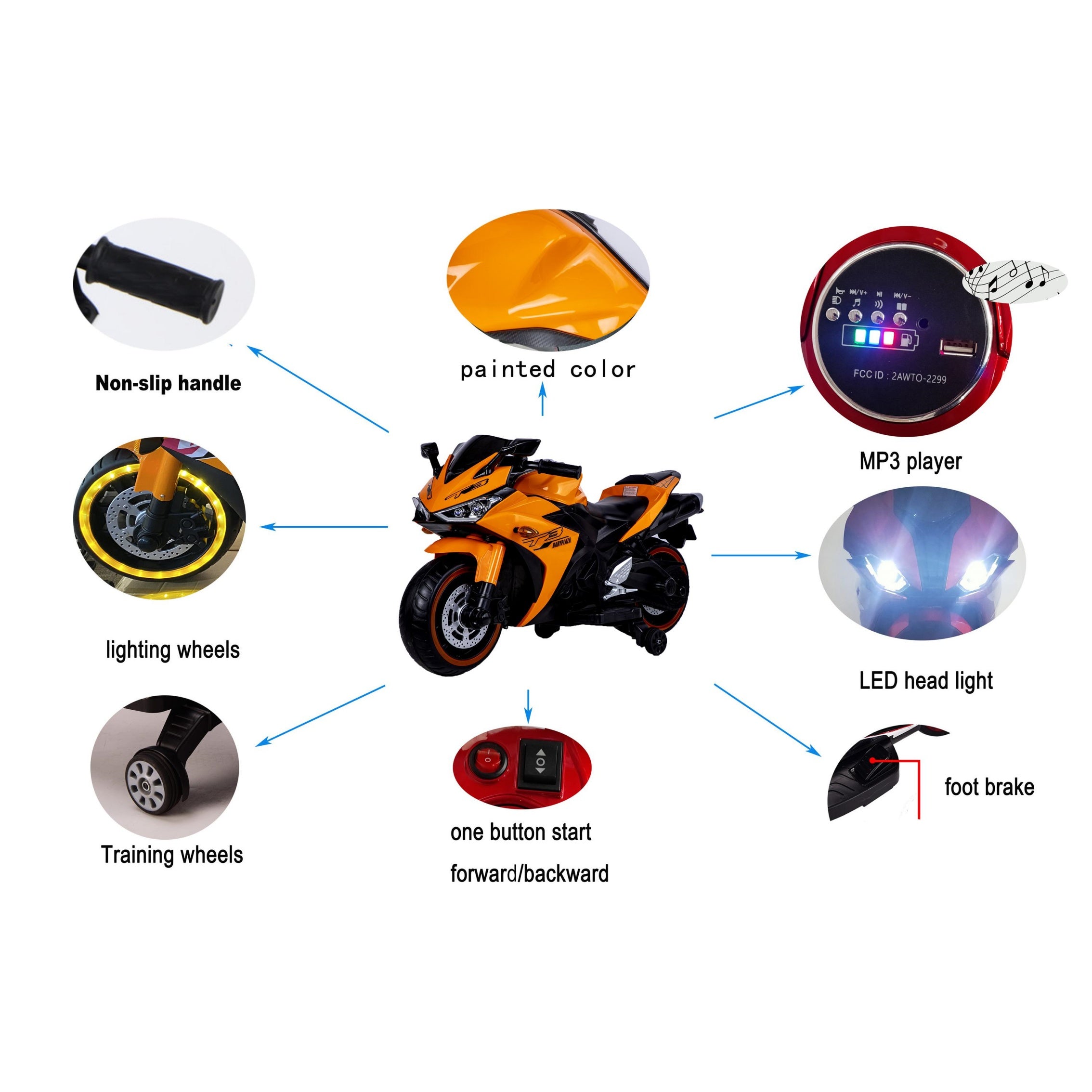 12V Kids Electric Ride-On Motorcycle with Training Wheels and Headlight, Motorbike with MP3 and Light-Up Wheels, 46" L x 20" W x 26" H, Orange
