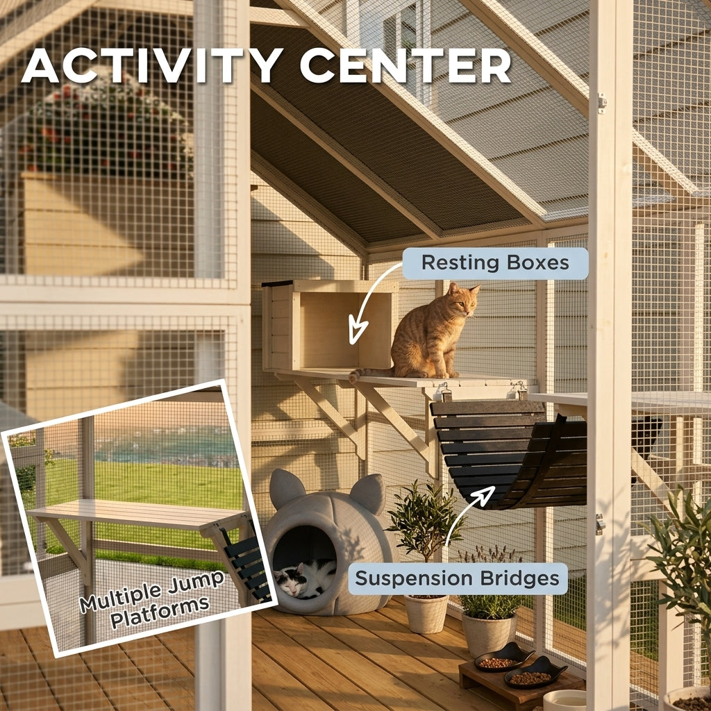 Wooden Catio Outdoor Cat Enclosure with Waterproof Cover, 2 Condos, 6 Platforms, Bridge, Doors, White