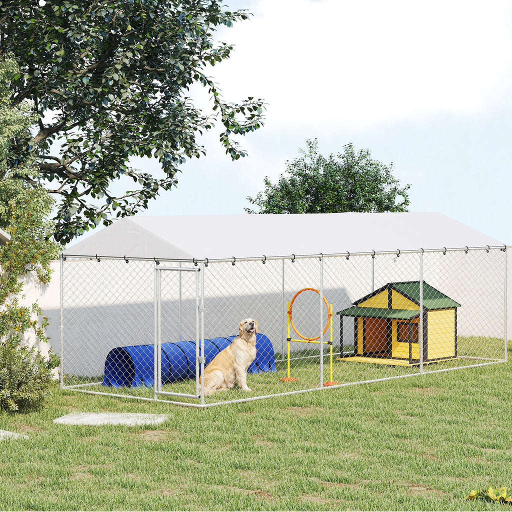 20' x 7.5' x 6.5' Dog Kennel Outdoor for Small Medium Large Dogs with Waterproof Roof, Silver