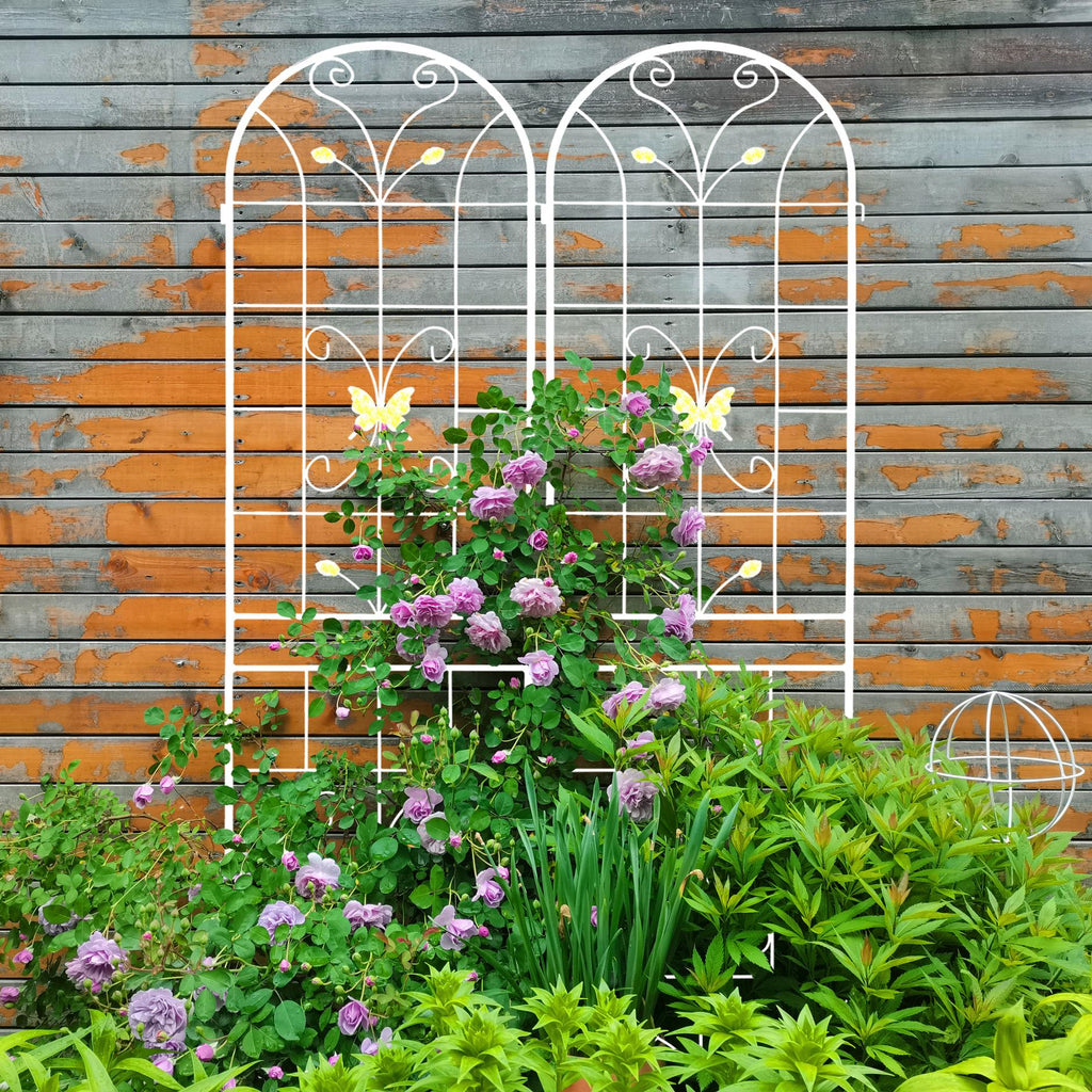 4 Pack Metal Garden Trellis with Butterfly Decoration and Galvanized Round Pipe, Rustproof Climbing Plant Support, Cream White