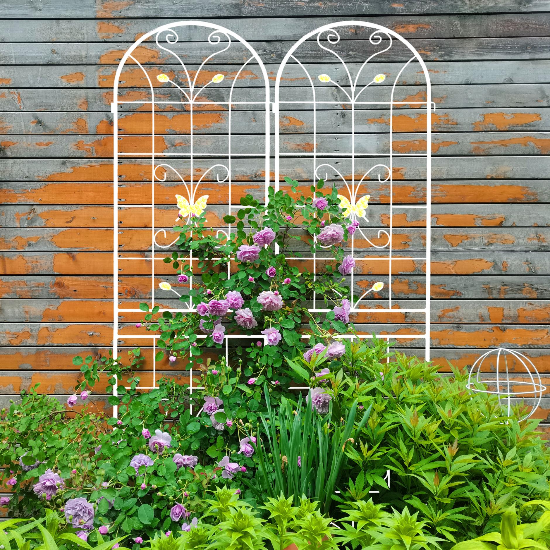 4 Pack Metal Garden Trellis with Butterfly Decoration and Galvanized Round Pipe, Rustproof Climbing Plant Support, Cream White