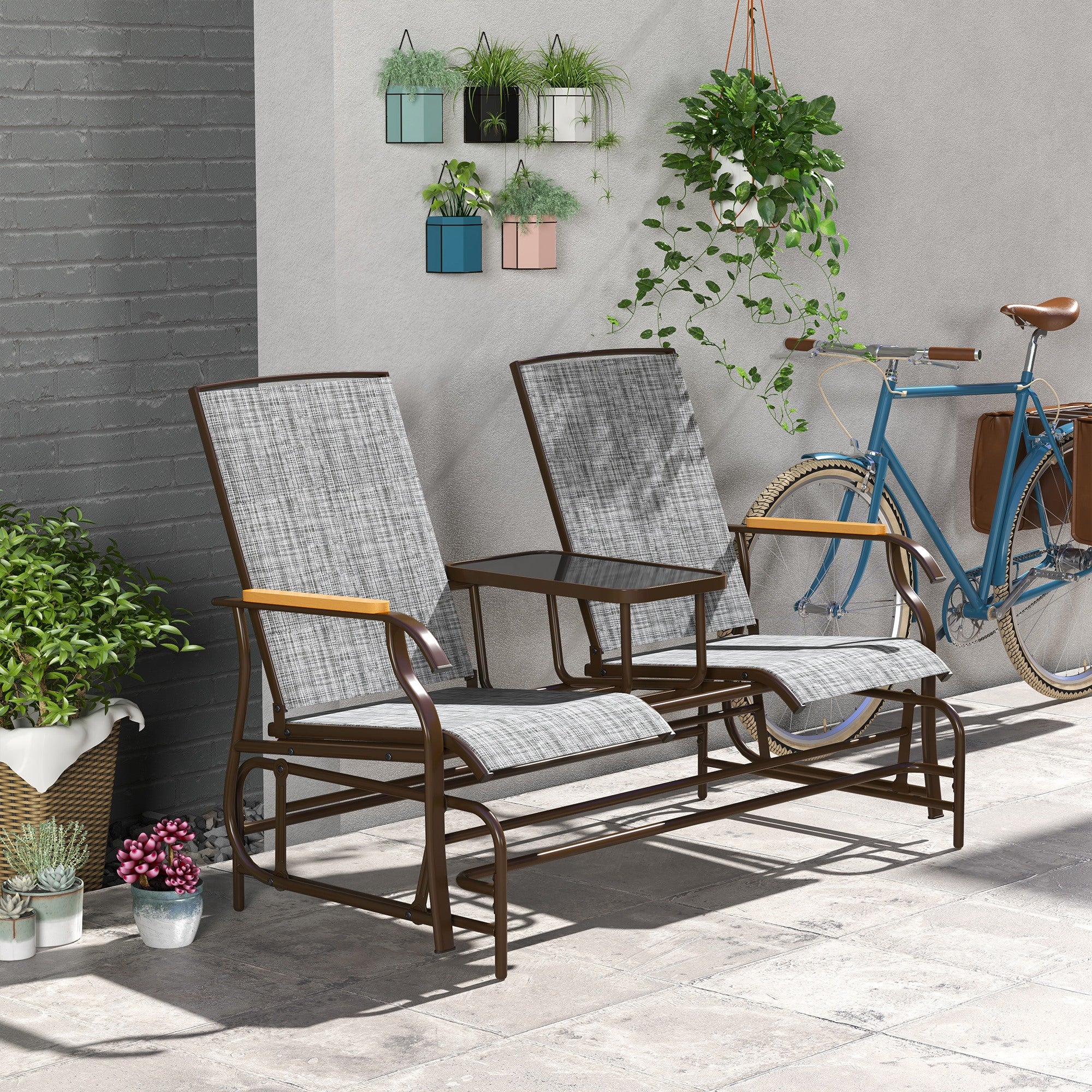 Outdoor 2-Person Glider Bench, Outside Glider Swing Chair Loveseat with Table, Steel Frame, Gray