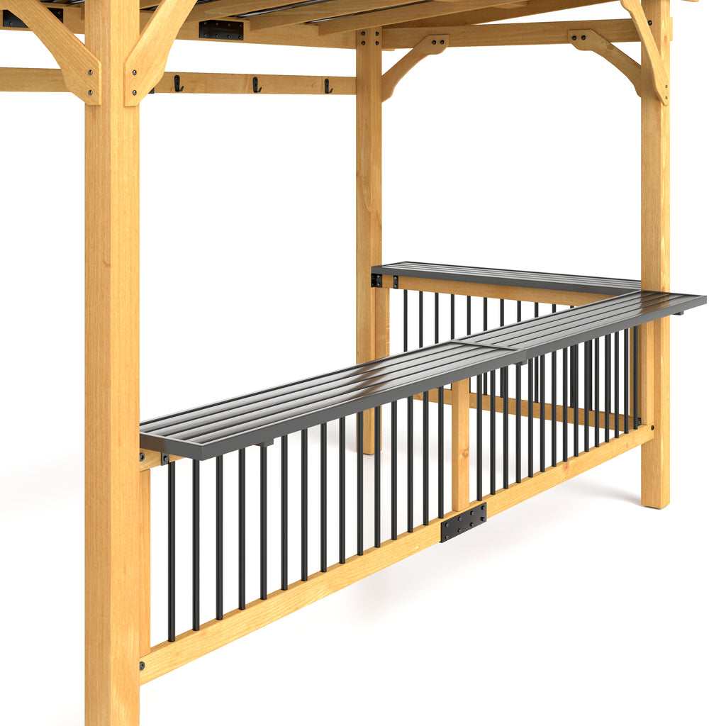 13' x 6' Wooden BBQ Grill Gazebo, Outdoor Hardtop Grill Gazebo with Metal Roof, 2 Bar Shelves and 6 Hooks, Natural