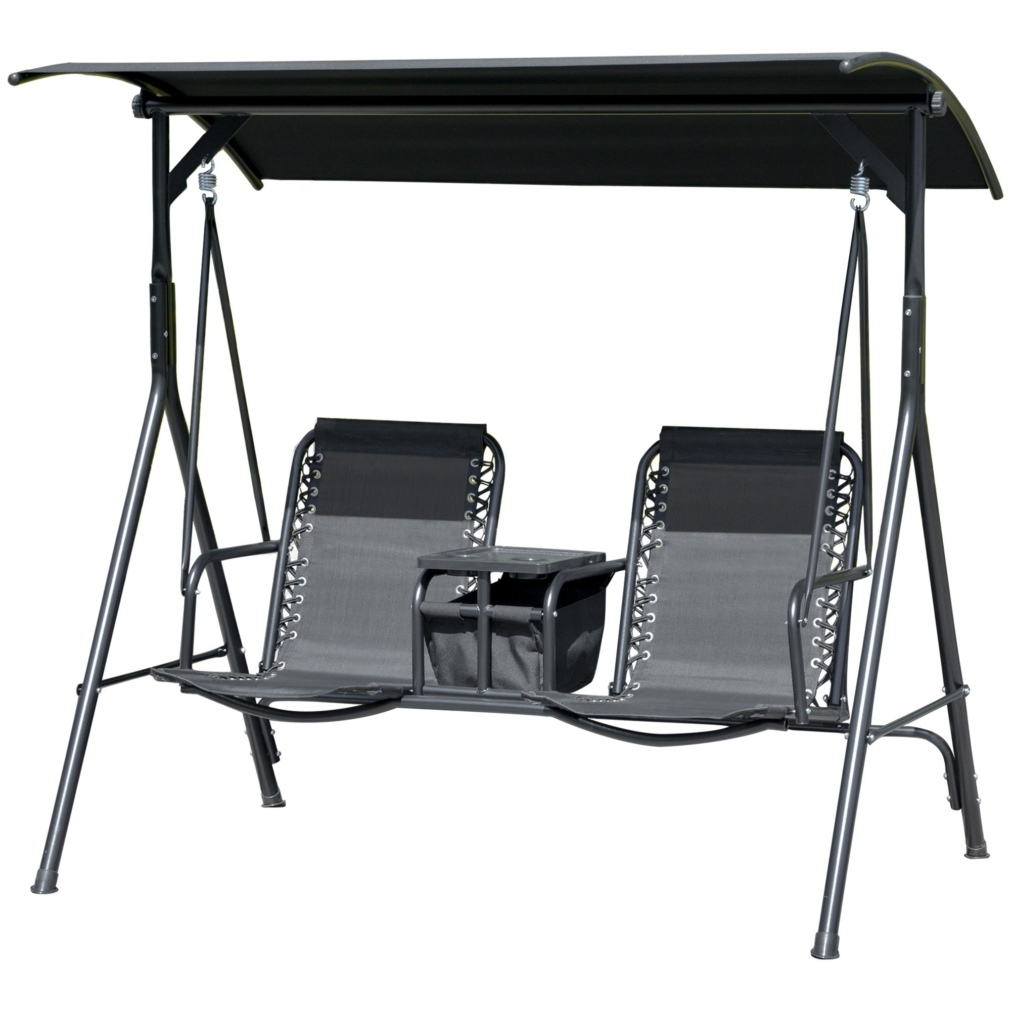 2-Seat Outdoor Porch Swing, with Pivot Storage Table, Cup Holder, & Adjustable Overhead Canopy, Stand's Skid-Resistant Feet Pad, Breathable Mesh Seat, Steel Frame, for Patio, Black