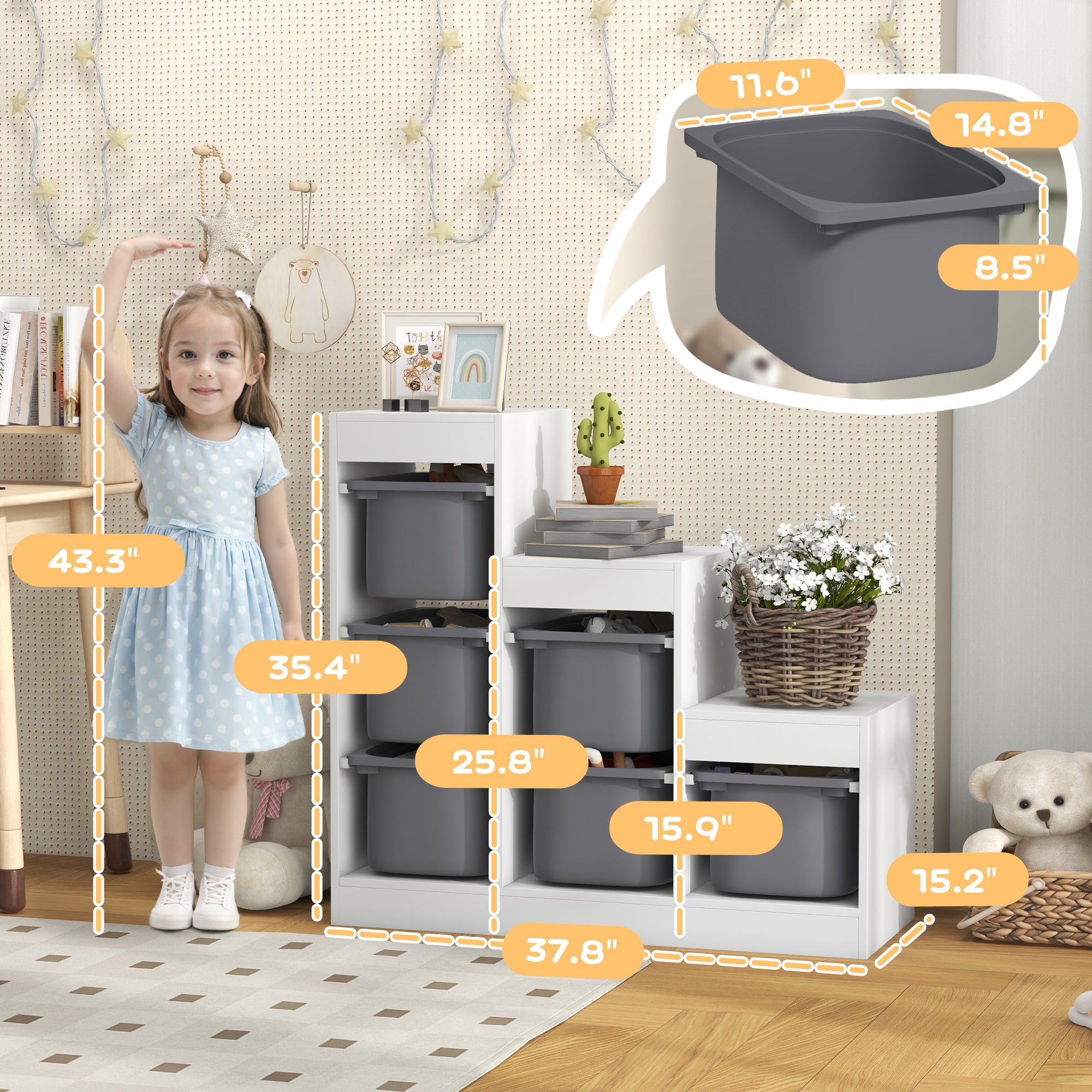 3 Layers Kids Toy Storage Organizer with 6 Storage Bins, Kids Bookshelf for Ages 3-8 Years, Play Room, Bedroom, Gray