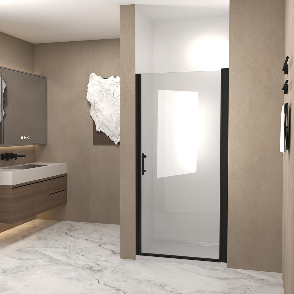 28" Pivot Shower Door with Safety Film and Raised Water-Blocking Strip, Tempered Glass with Stainless Steel Handle, 28" L x 0.5" W x 72" H, Matte Black