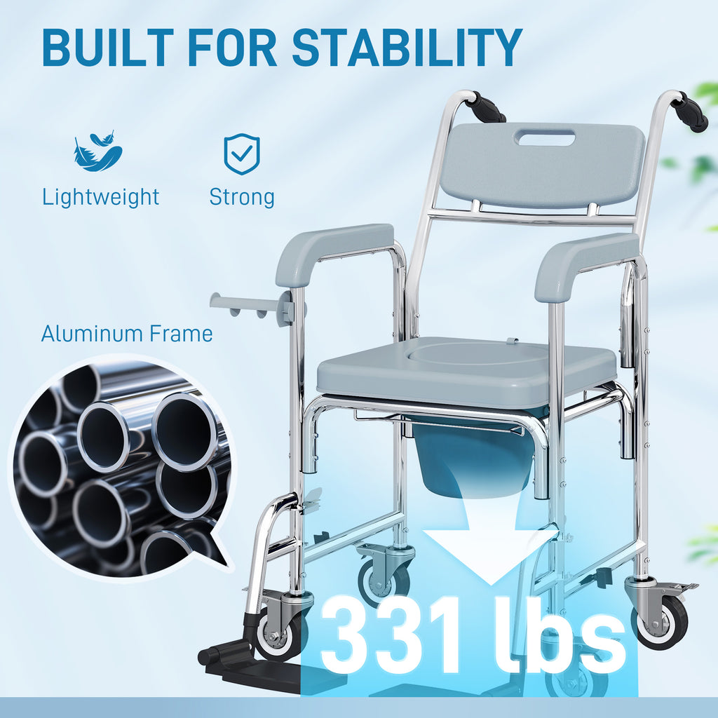 Rolling Shower Wheelchair for Seniors, Bedside Commode Chair with Locking Wheels, Seat, Backrest, Arms, Gray