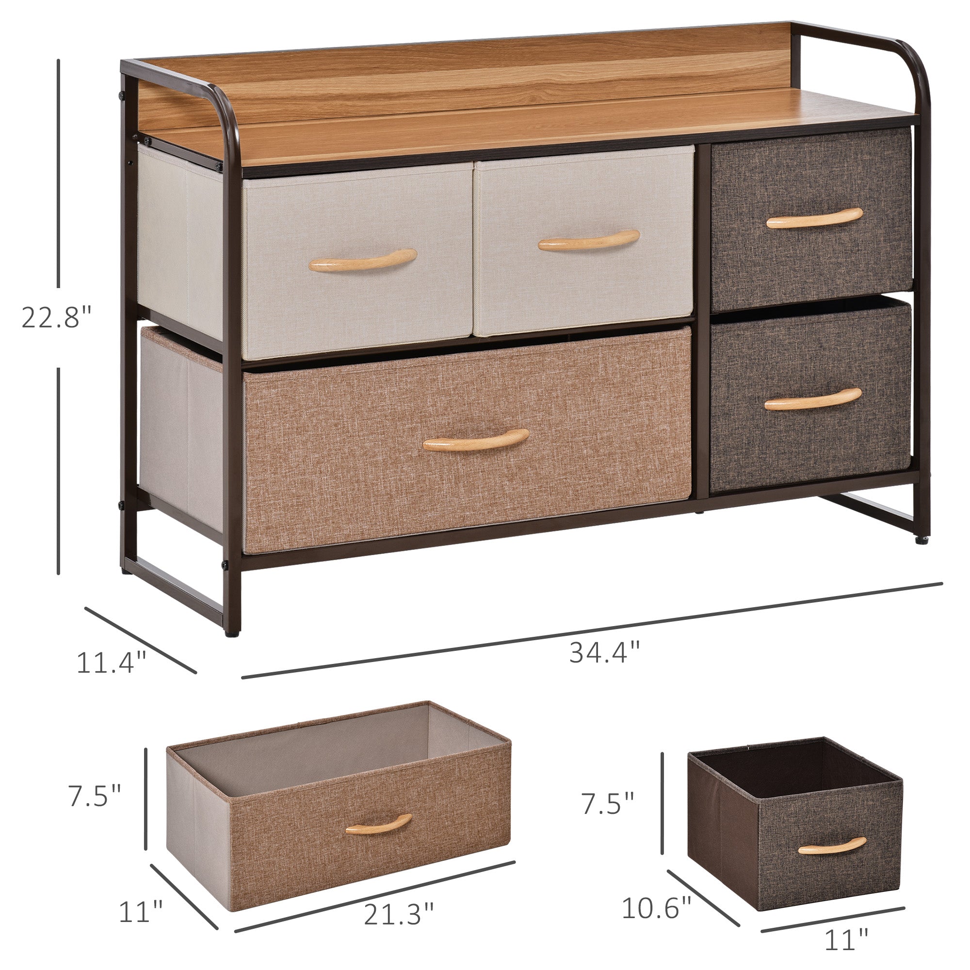 5-Drawer Dresser, 2-Tier Storage Tower with Steel Frame for Bedroom, Nursery Room, Multicolored