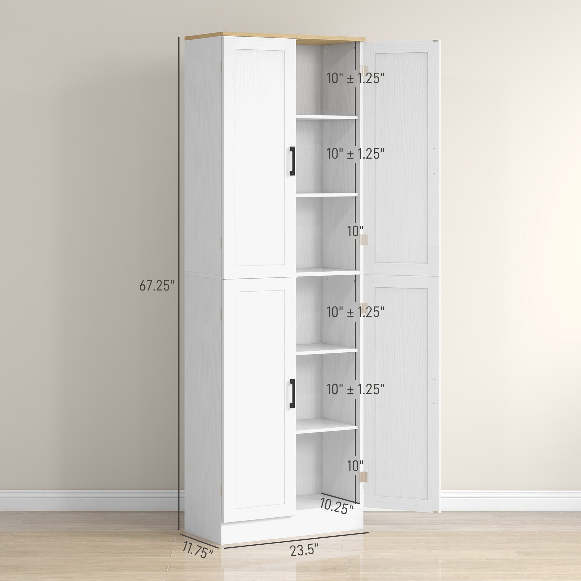 Freestanding Kitchen Pantry, 4-Door Kitchen Pantry Cabinet with Adjustable Shelves and Doors, Distressed White