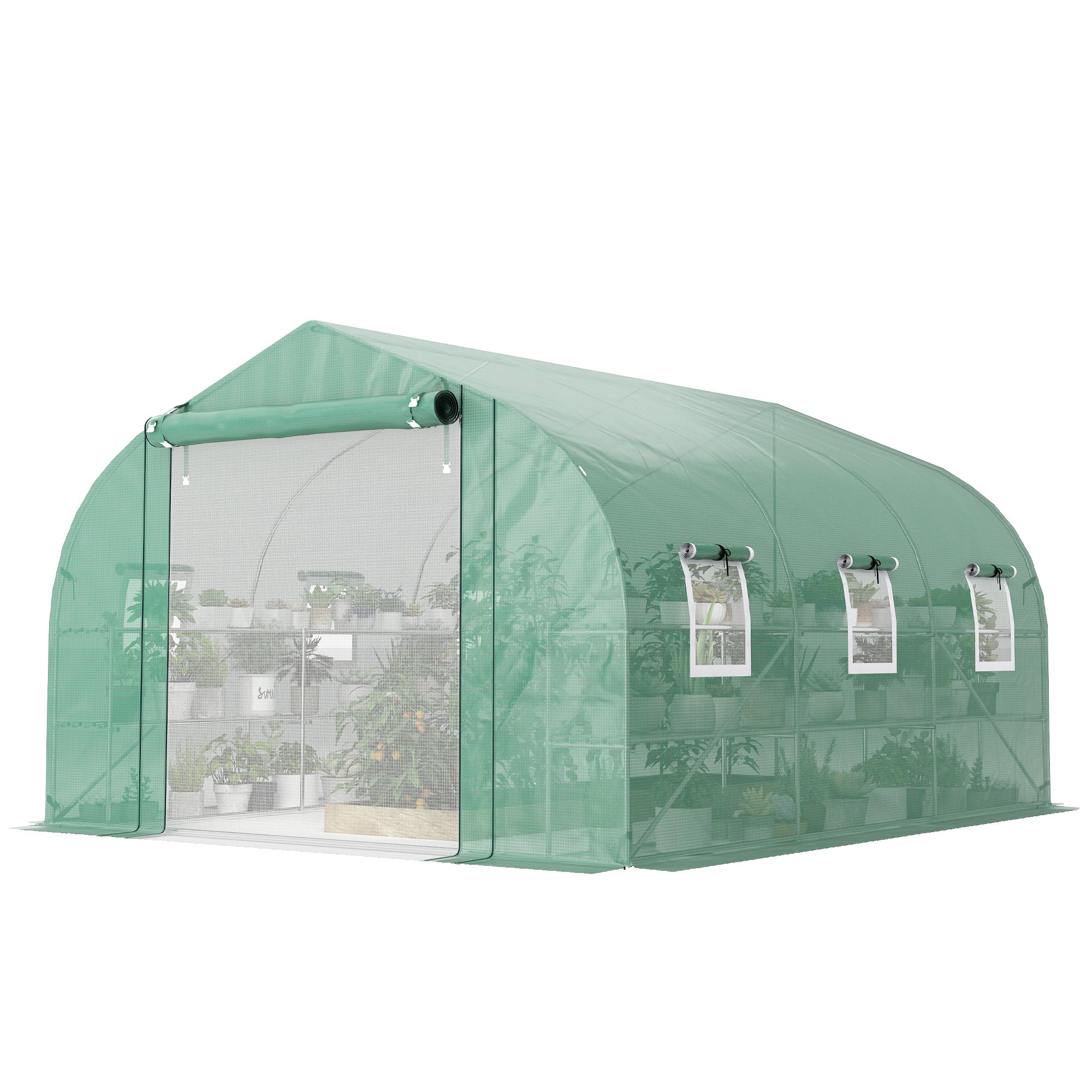 10'x11'x6' Walk-in Tunnel Greenhouse with Shelves, Mesh Door and Windows, Plant Hot House with PE Cover, Green