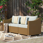 Rattan Wicker 3 Seater Patio Couch with Cushions, 2 Throw Pillows, Outdoor Furniture Rattan Sofa, Light Gray