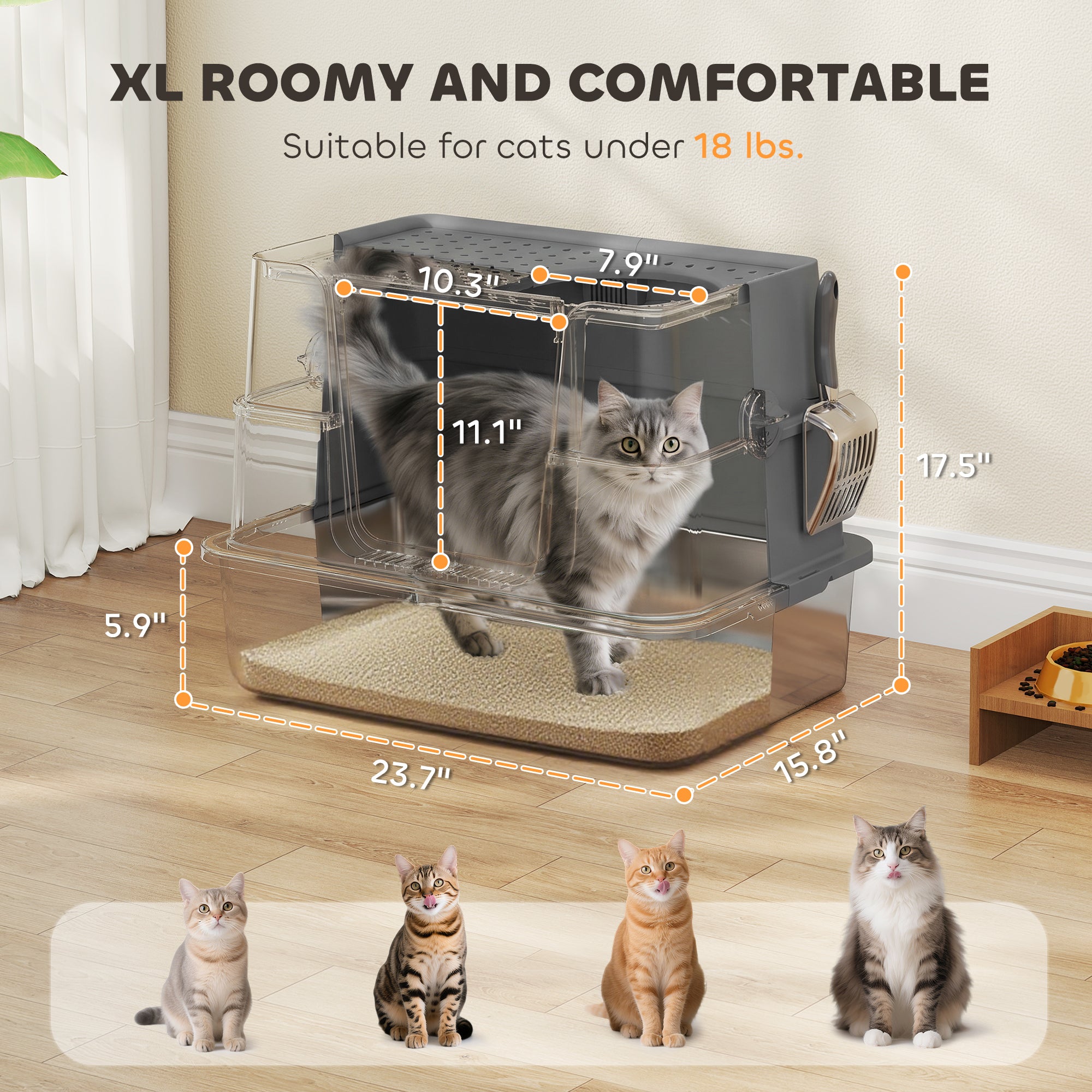 XL Stainless Steel Litter Box w/ 100° Flip Top, Scoop, Top & Side Entry Enclosed Litter Box for Big Cats