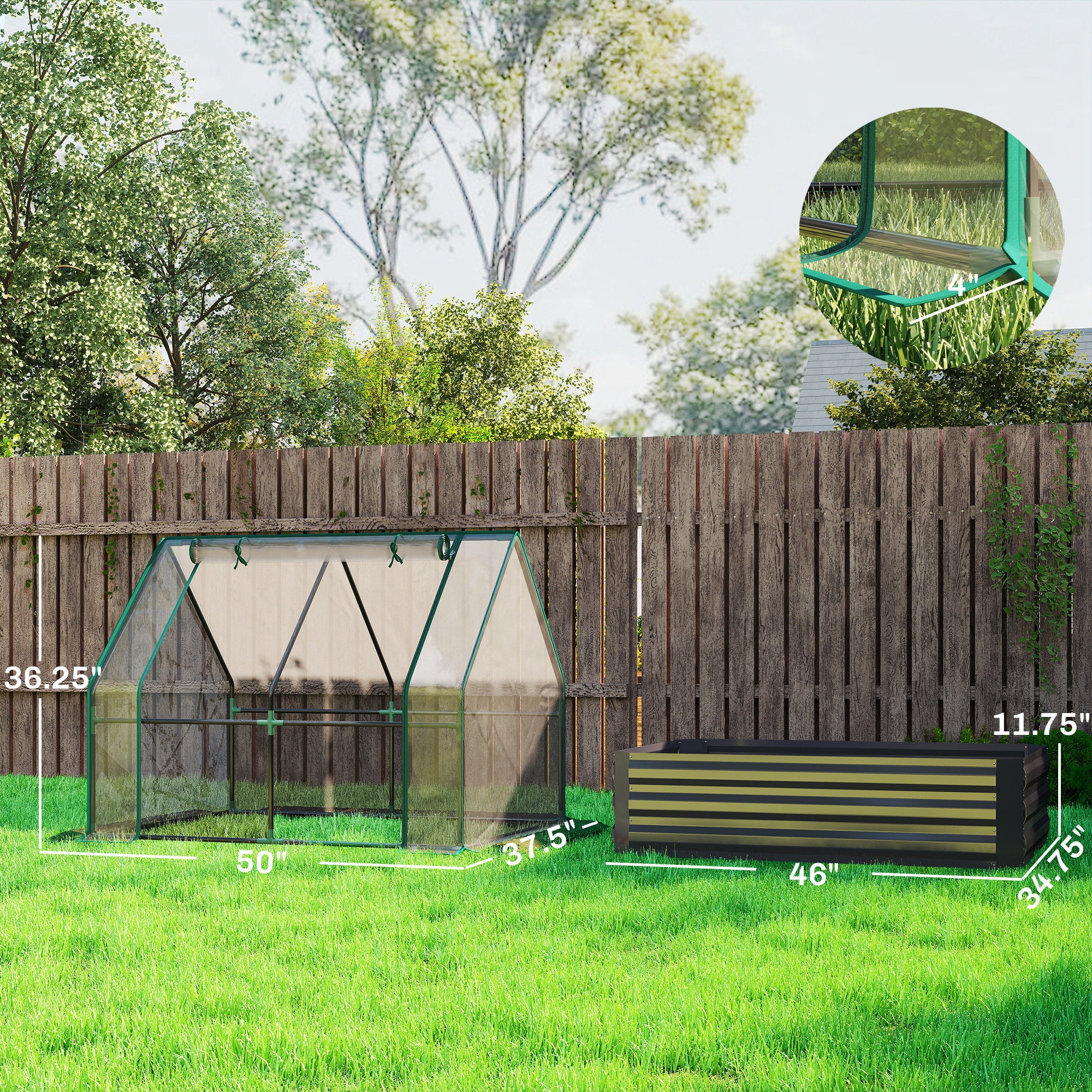 4 x 3ft Raised Garden Bed with Mini Greenhouse, Galvanized Raised Garden Bed with Cover, Clear and Dark Gray