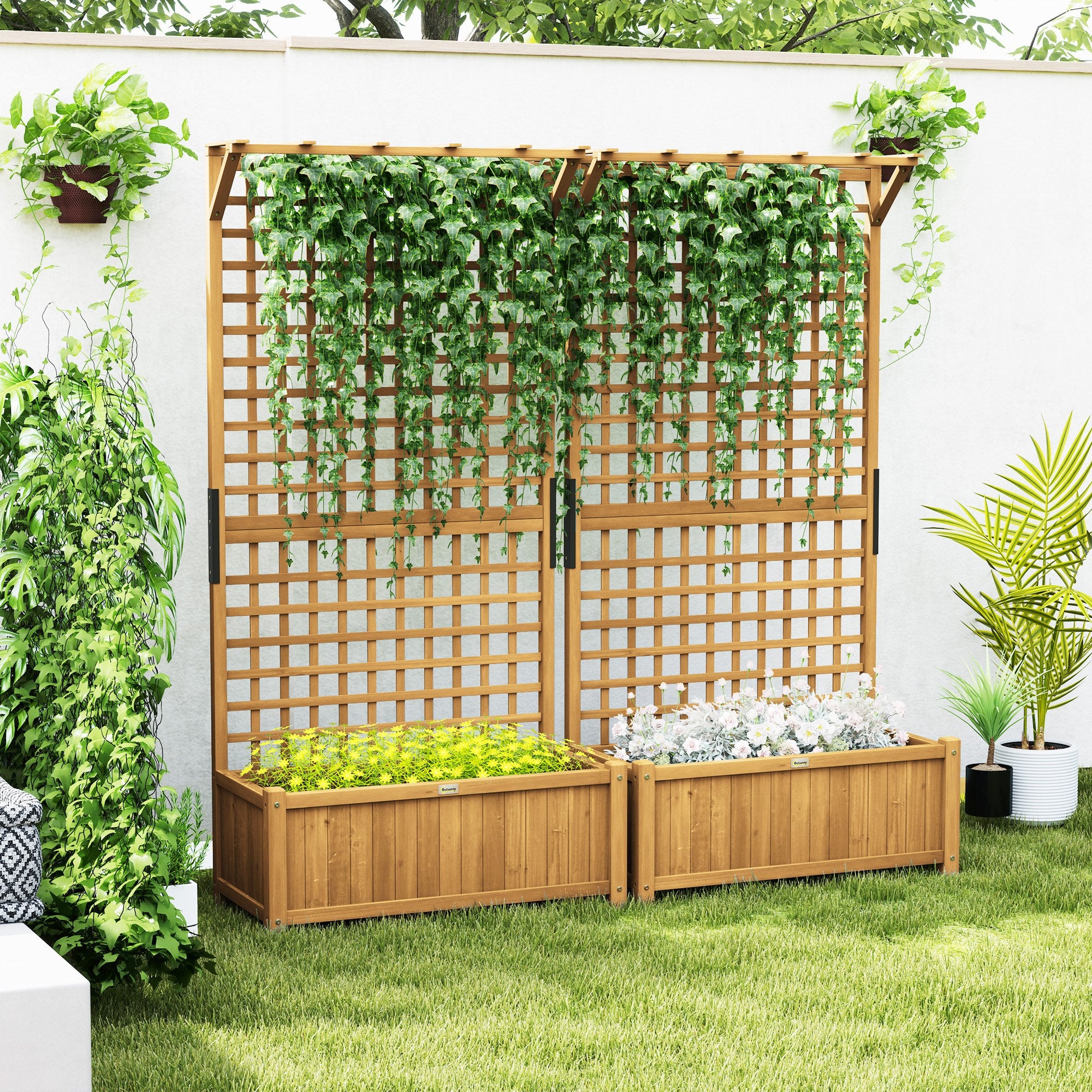 Wood Planter with Trellis for Vine Climbing, Raised Garden Bed, Privacy Screen for Backyard, Patio, Pack of 2, Yellow