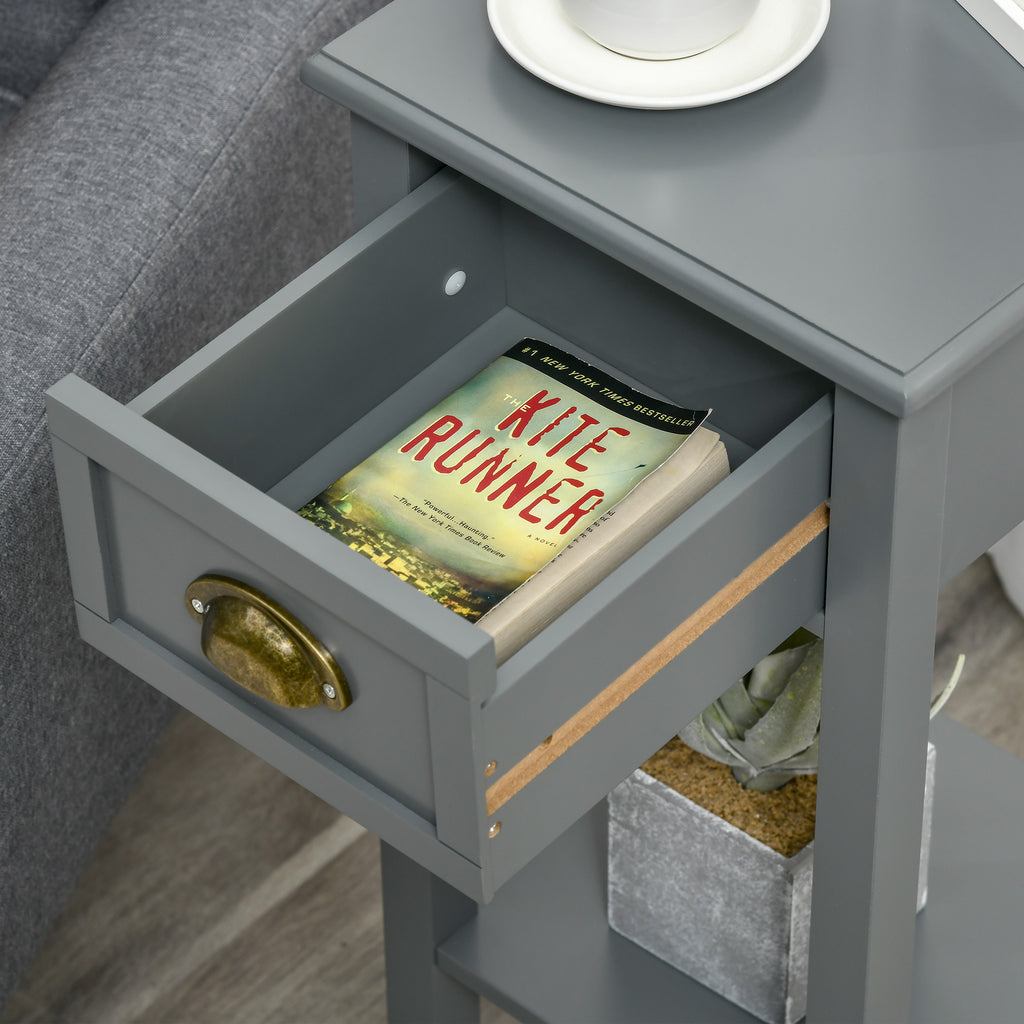 2-Tier Tall Side Table, Nightstand End Table w/ Drawer & Bottom Shelf for Living Room, Bedroom, Gray