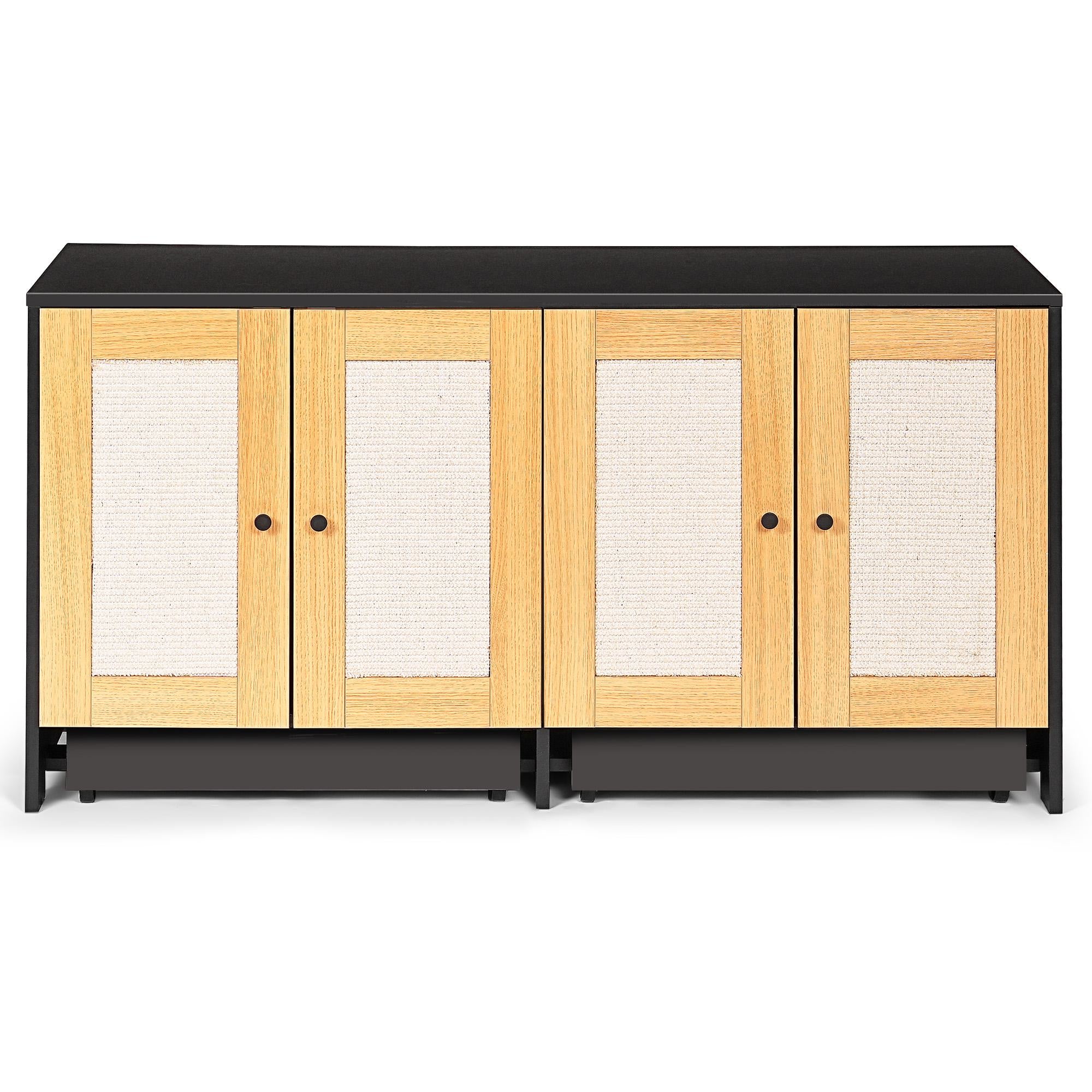 Double Litter Box Enclosure for 2 Cats with Rattan Doors and Sisal Scratch Panel, Hidden Cat Furniture, 47" L x 20" W x 23.5" H, Light Oak