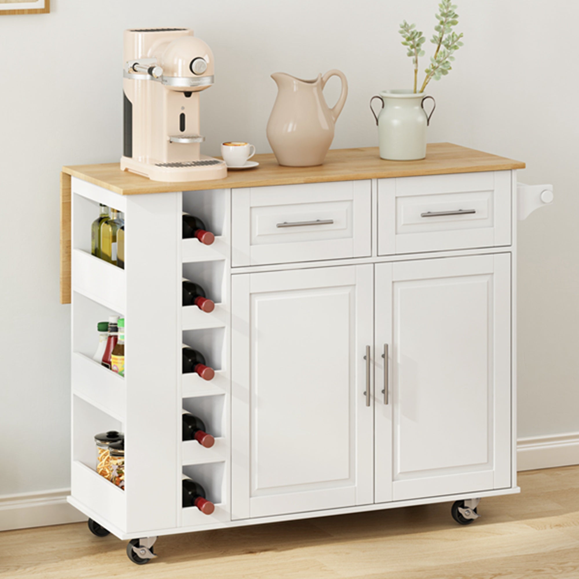 Multi-Functional Kitchen Island Cart with 2 Door Cabinet, Drawers, Spice Rack, Towel Holder, Wine Rack, Foldable Rubberwood Table Top, 46.46"L x 16.93"W x 35.83"H, White