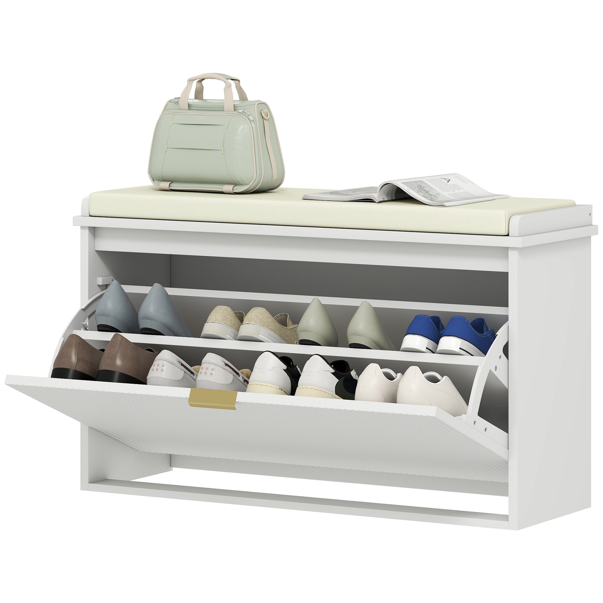 Shoe Storage Bench with Padded Seat Cushion and Flip-Drawer, Entryway Bench, Shoe Cabinet, 31.5x10.2x18.7 Inches, White