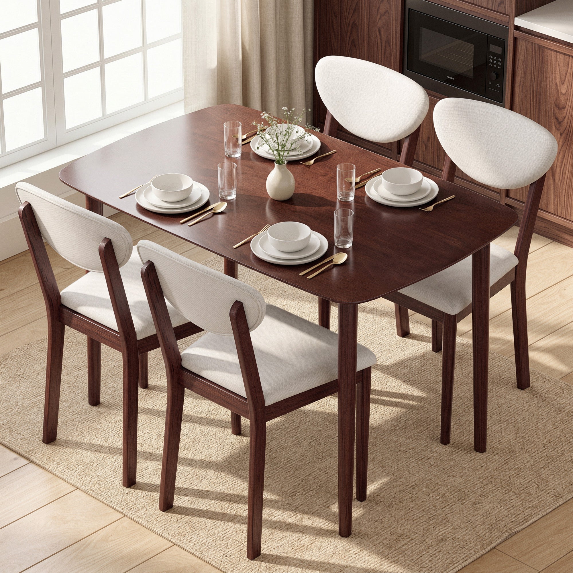 5-Piece Dining Table Set for 4, Mid-Century Modern Kitchen Table and Chairs, Cream White