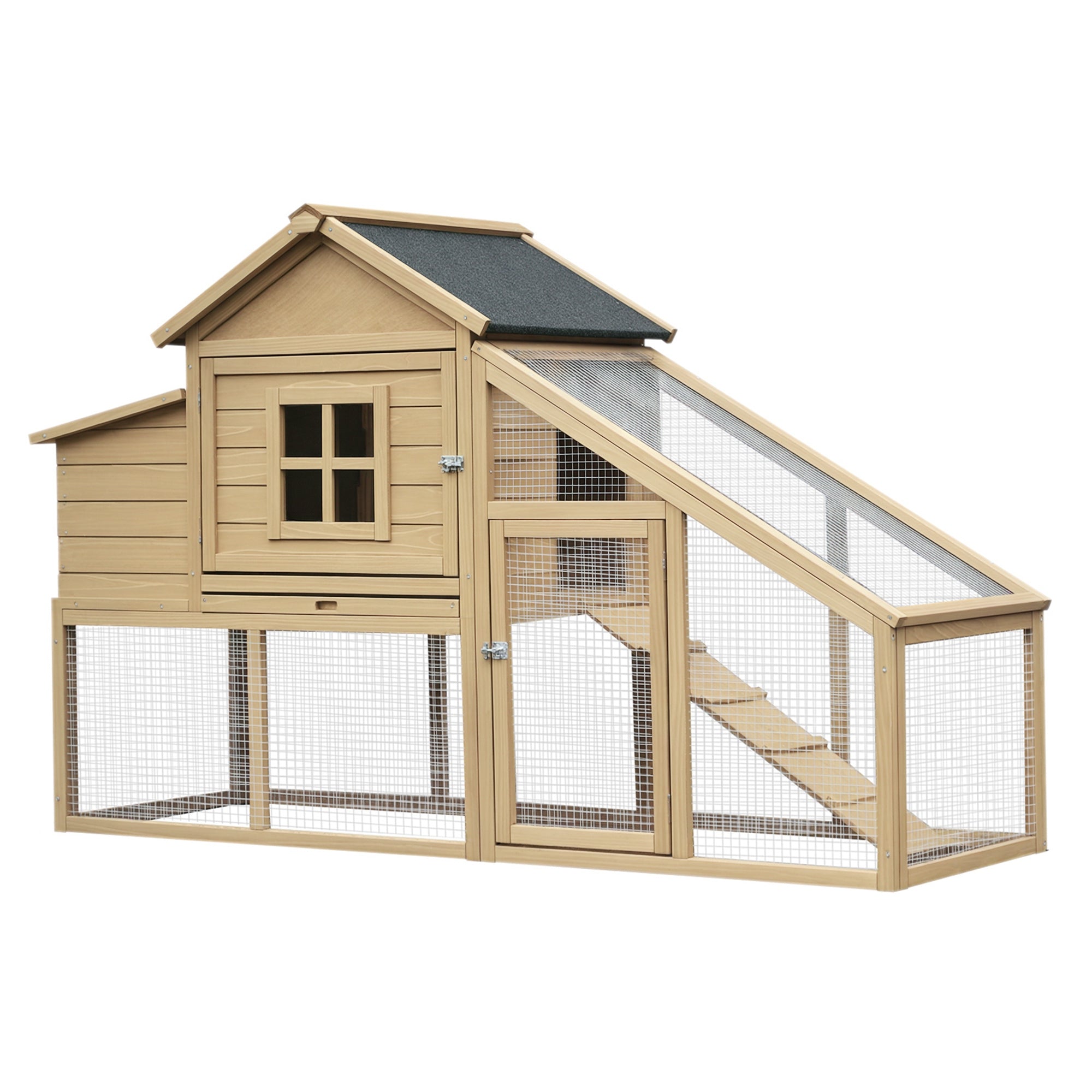 69" Wooden Chicken Coop, Poultry Cage Hen House with Connecting Ramp, Tray, Ventilated Window and Nesting Box