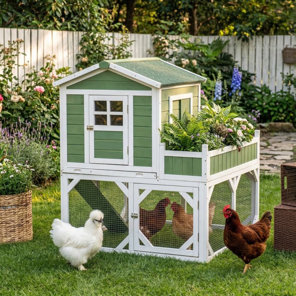 49" Small Chicken Coop Hen House with Garden Space, Chicken House Outdoor Run Cage with Weather Protection, 2-4 Birds, Green