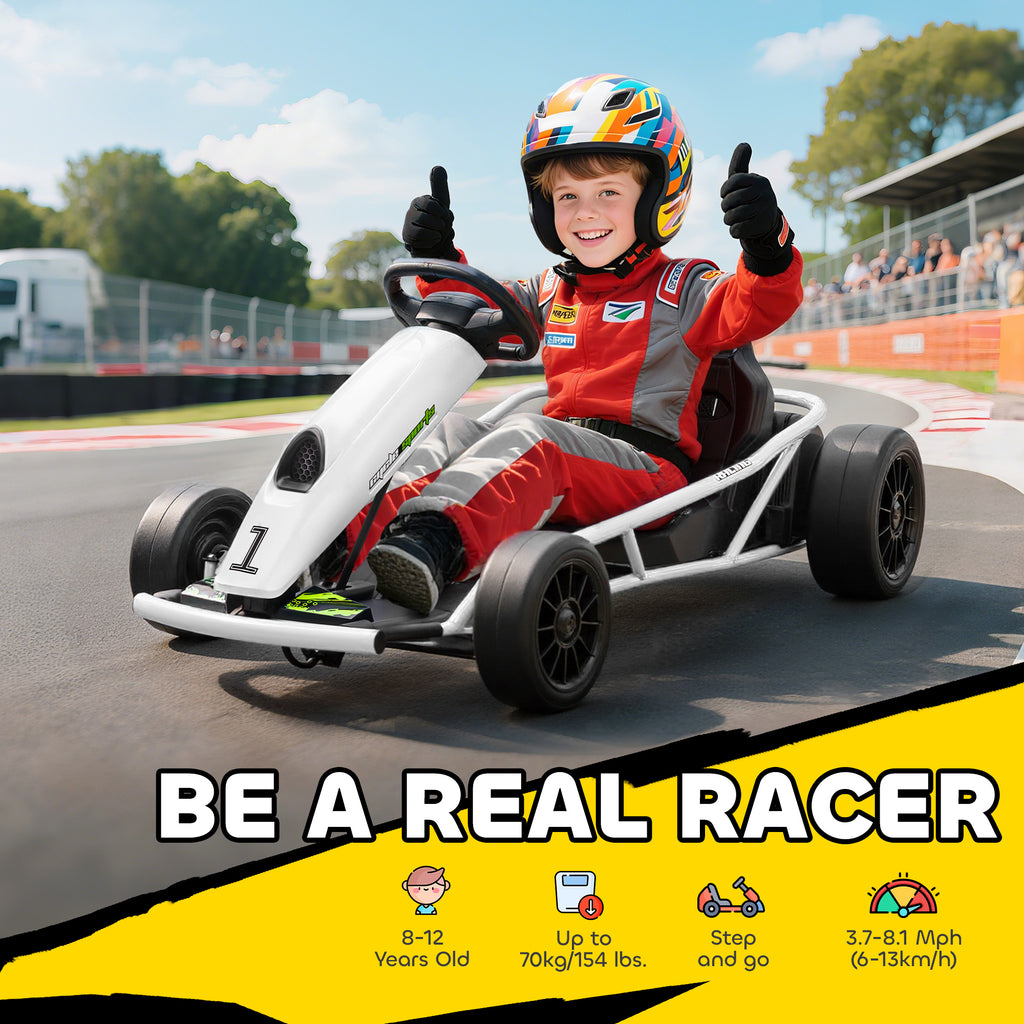 24V Electric Go Kart for Kids, Drift Ride-On Racing Go Kart with 2 Speeds, for Boys Girls Aged 8-12 Years Old, White