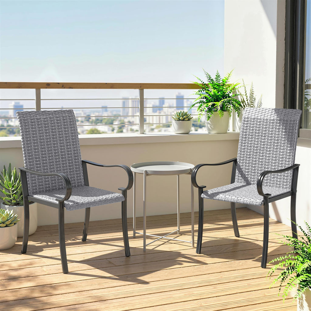 Set of 4 Outdoor Wicker Dining Chairs with Armrest, Steel Frame, High Back and Deep Seating, Gray
