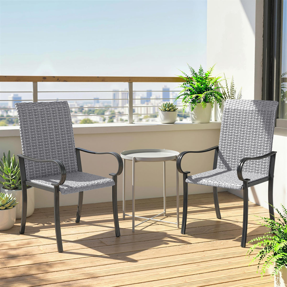 Set of 4 Outdoor Wicker Dining Chairs with Armrest, Steel Frame, High Back and Deep Seating, Gray