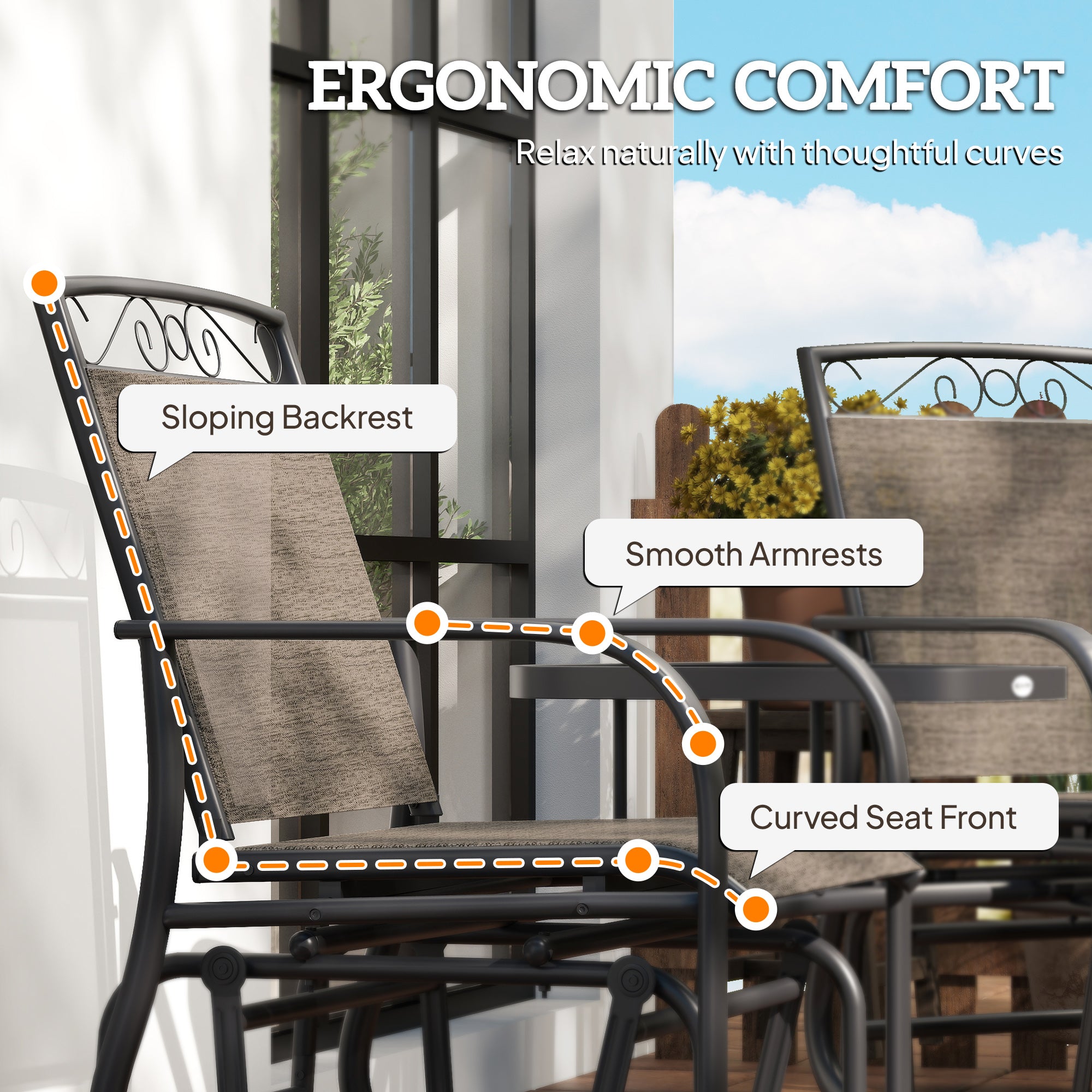 Outdoor Glider Chairs with Coffee Table, Patio 2-Seat Rocking Chair Swing with Breathable Sling for Backyard, Garden and Porch, Brown