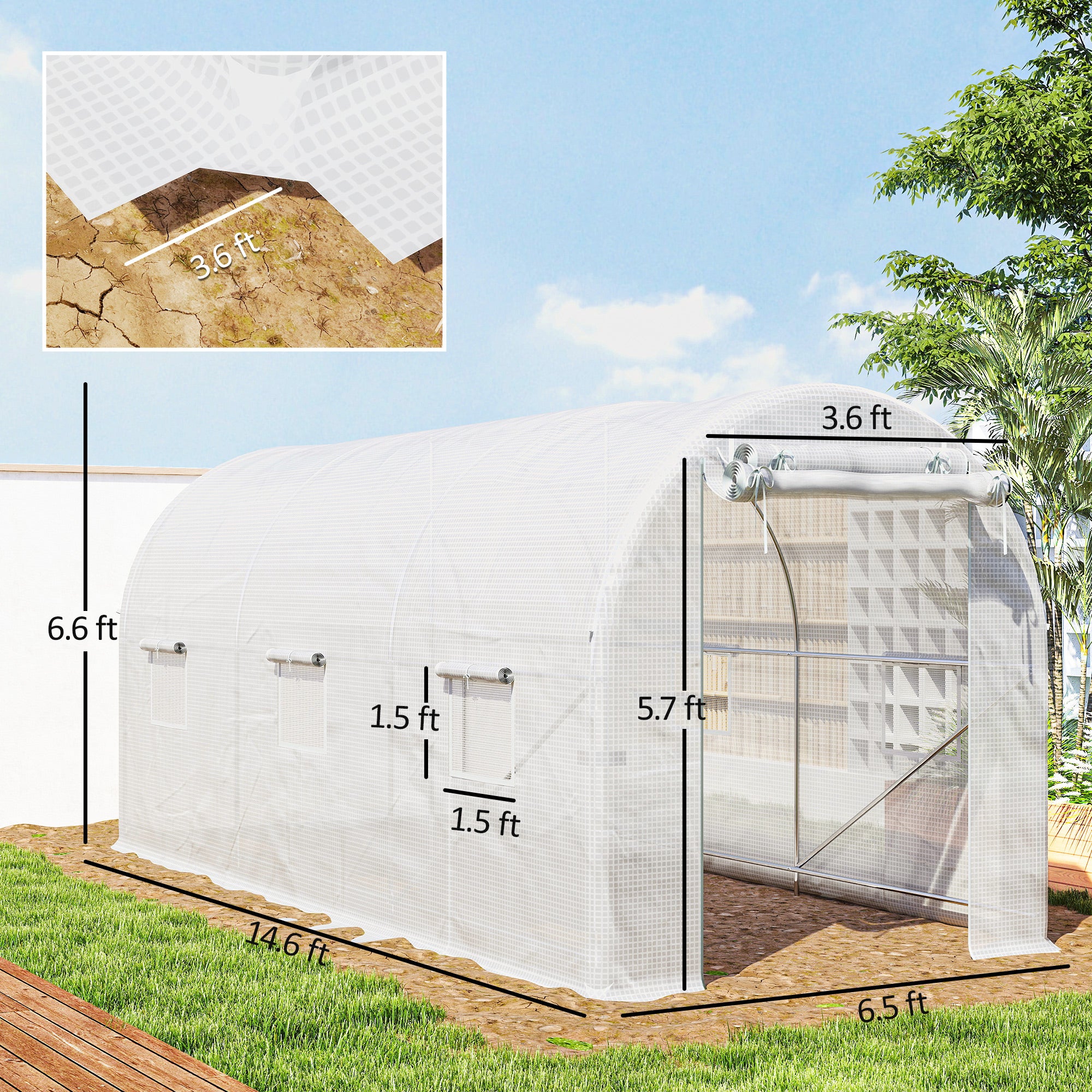 Hoop House Greenhouse, Walk-in Tunnel Greenhouse with 2 Support Rods, Zippered Roll-up Mesh Door, 14.6'x6.5'x6.6', White
