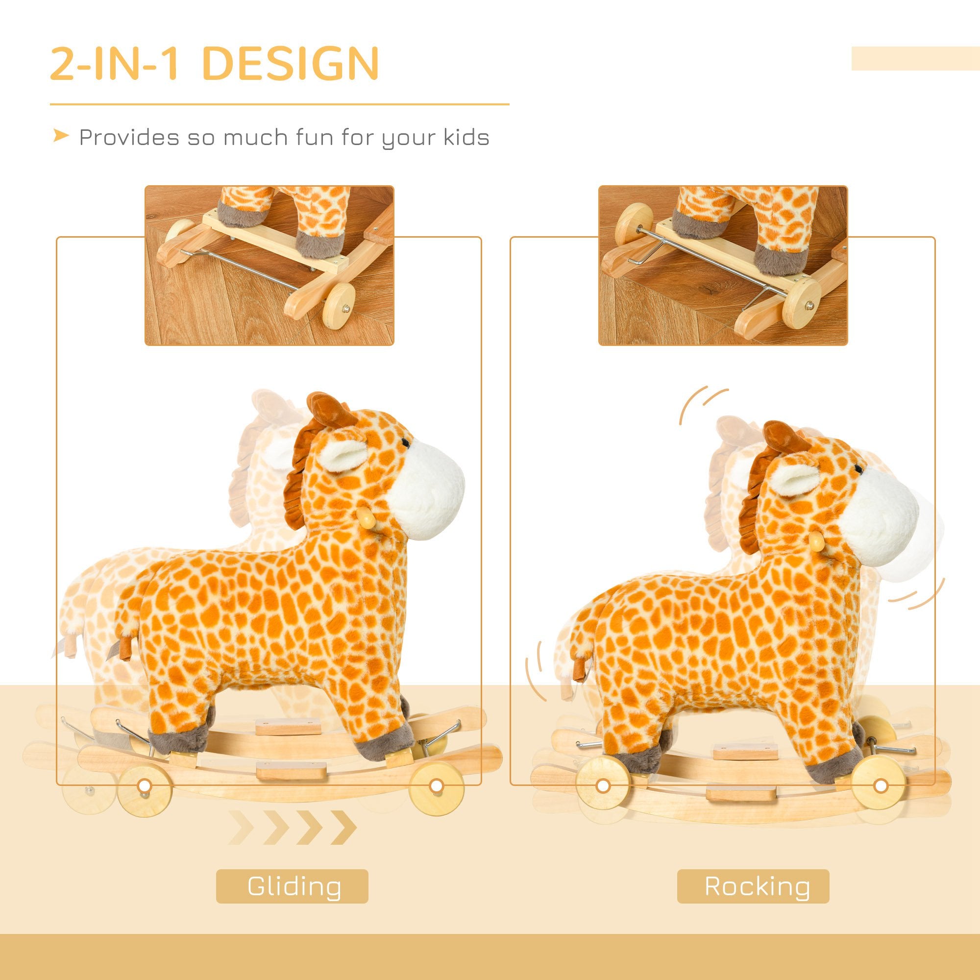 Rocking Horse, 2 in 1 Kids Ride on Horse, Rolling Giraffe Animal Rocker with Sound, Wooden Base, Pedal, Grip Handle, Plush Riding Pony for 3-6 Years Old, Yellow