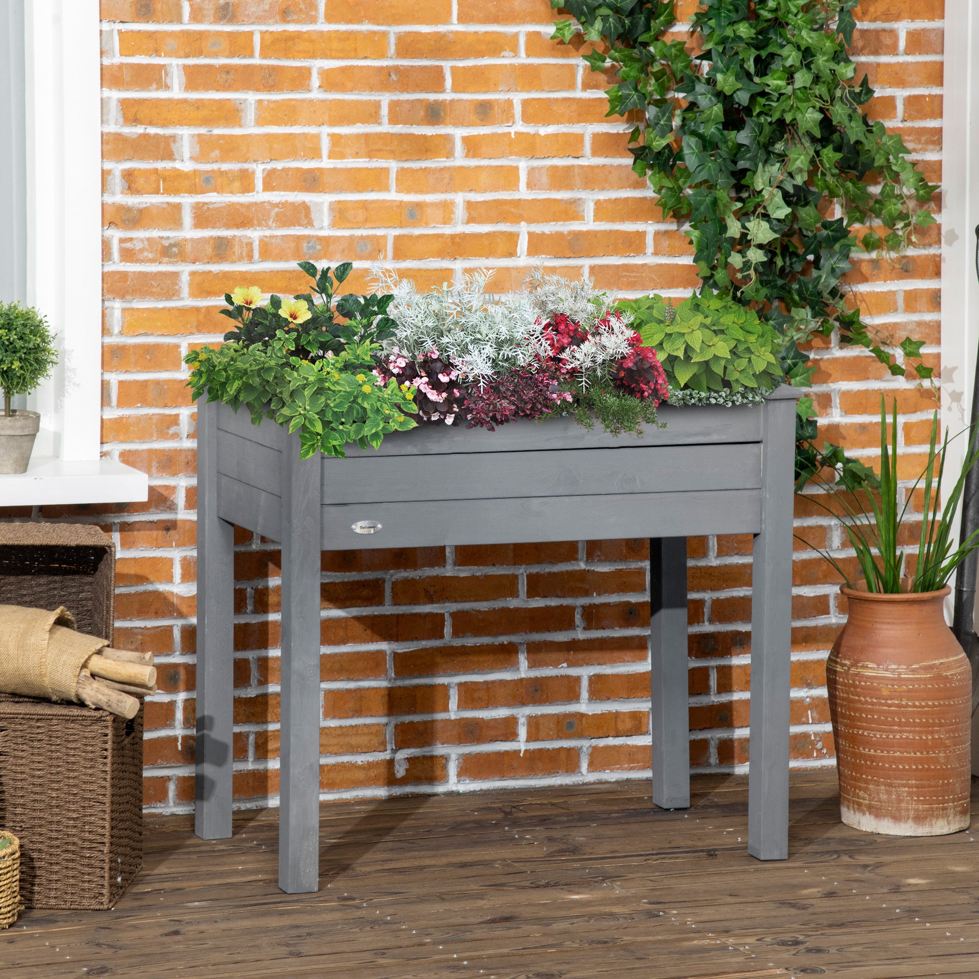 34" Raised Garden Bed, Elevated Wooden Planter Box with Holes for Vegetables, Herb, Flowers for Backyard, Dark Gray