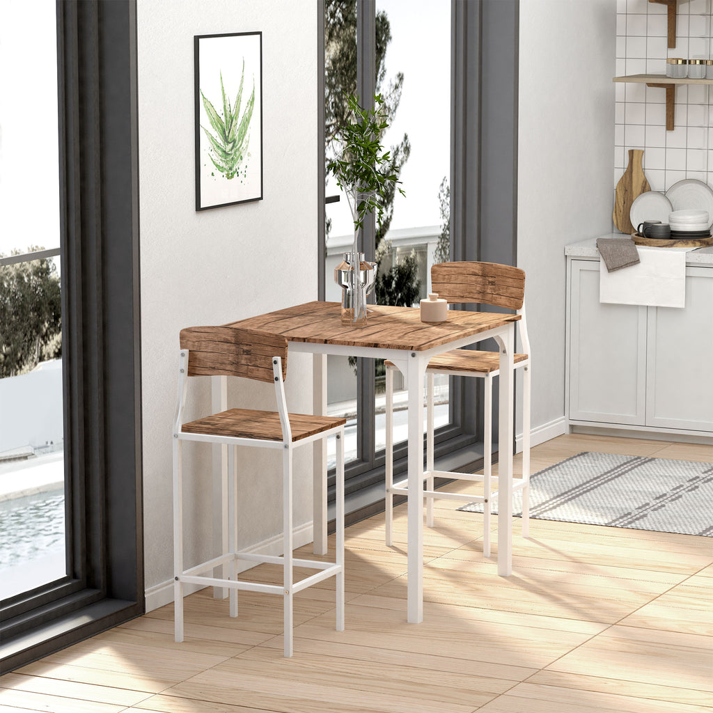 3 Piece Industrial Counter Height Dining Table Set, Bar Table & Chairs with Steel Legs & Footrests, White