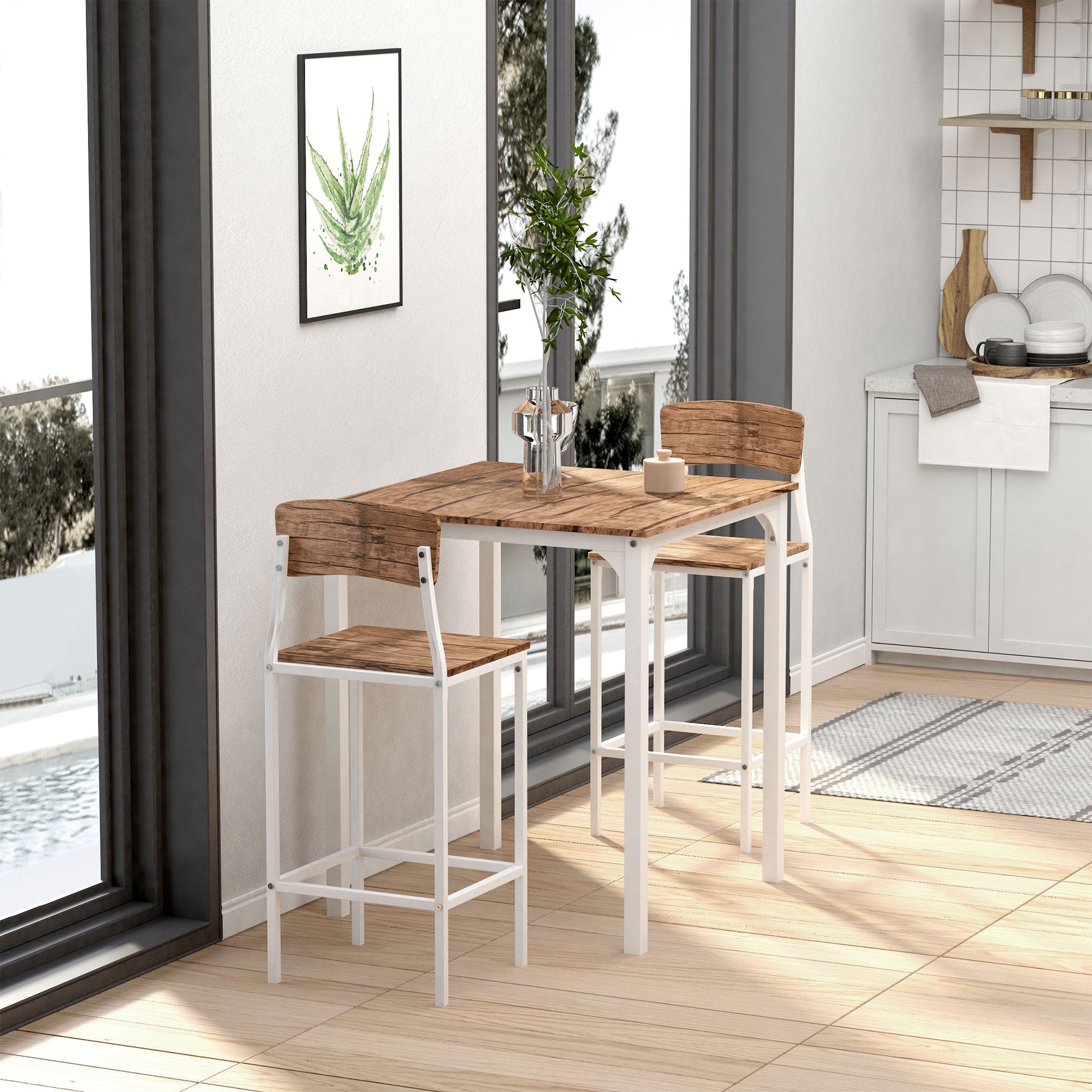 3 Piece Industrial Counter Height Dining Table Set, Bar Table & Chairs with Steel Legs & Footrests, White