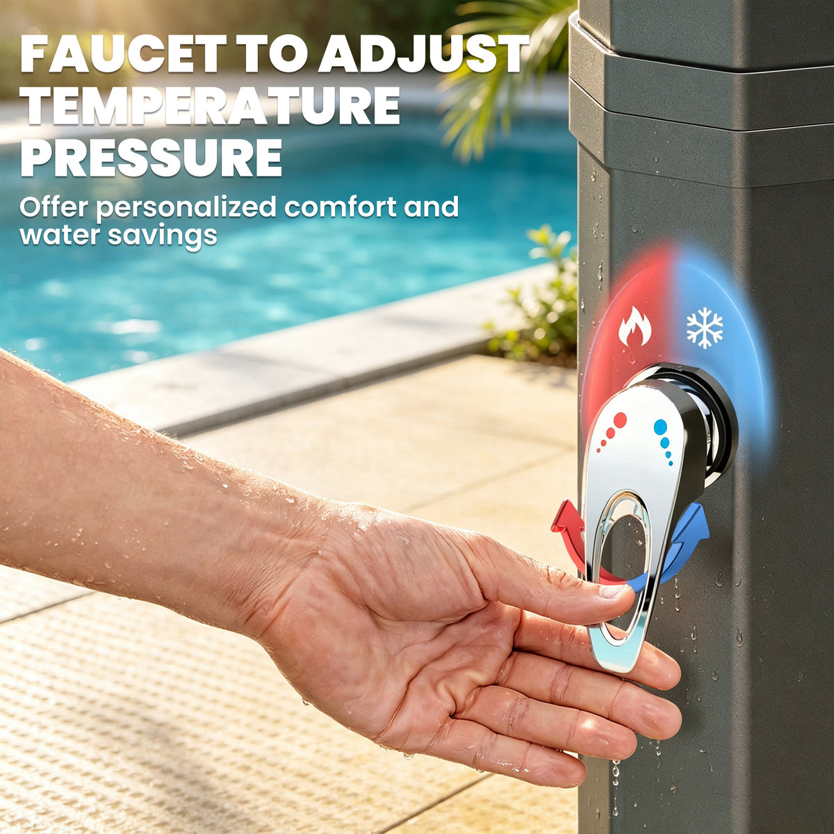 9.2 Gallon Slolar Heated Outdoor Shower with 2 Free-Rotating Shower Heads and Foot Showers for Poolside Beach Spa, 7.1ft