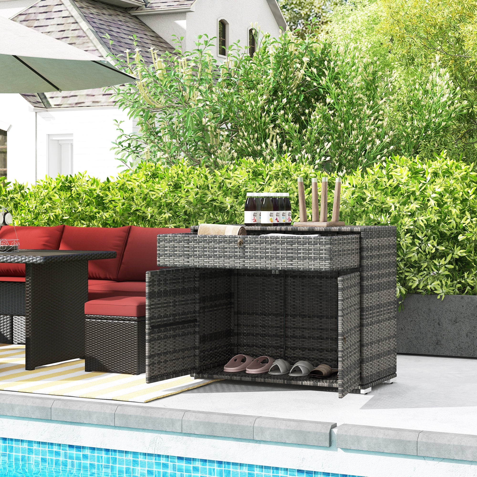 Outdoor Storage Cabinet, Waterproof PE Rattan Cabinet with Drawer for Indoor, Outdoor Swimming Pool, Gray
