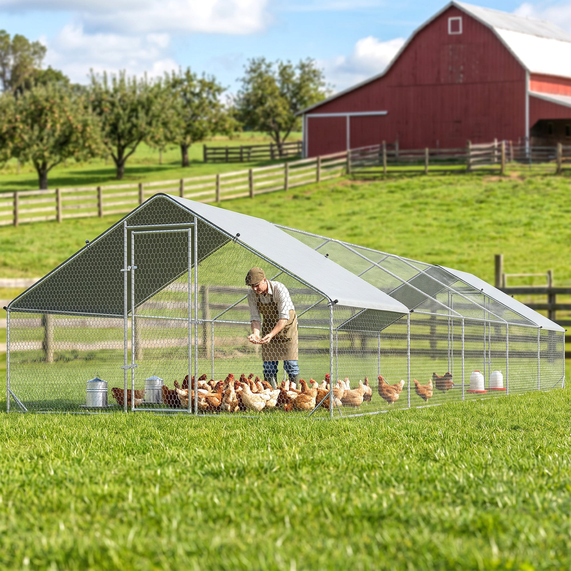 Large Chicken Coop with Waterproof and Anti-UV Cover, Spire Shaped for Outdoor and Yard Farm Use, 33' x 10' x 6.4'