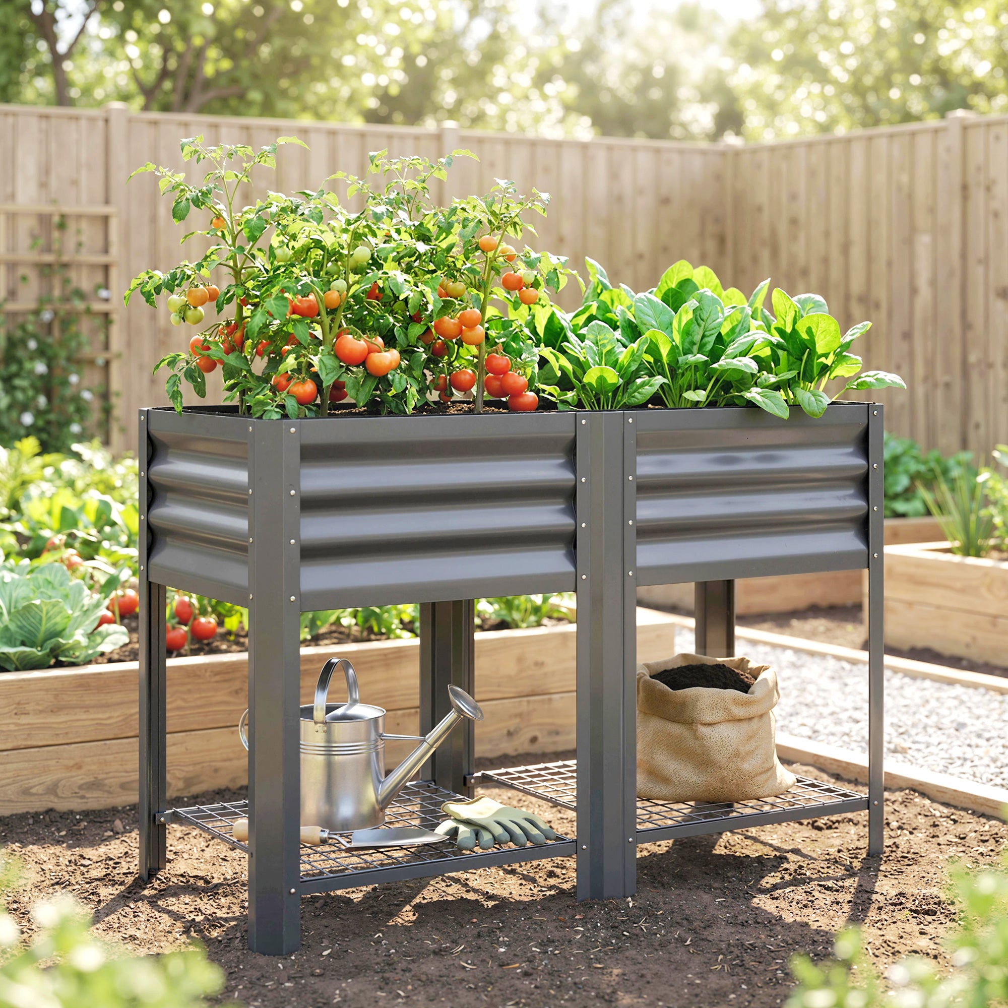 Raised Garden Bed Galvanized Steel, Elevated Planter Box with Storage Shelf, Bed Liner, 31.5" High, Dark Gray