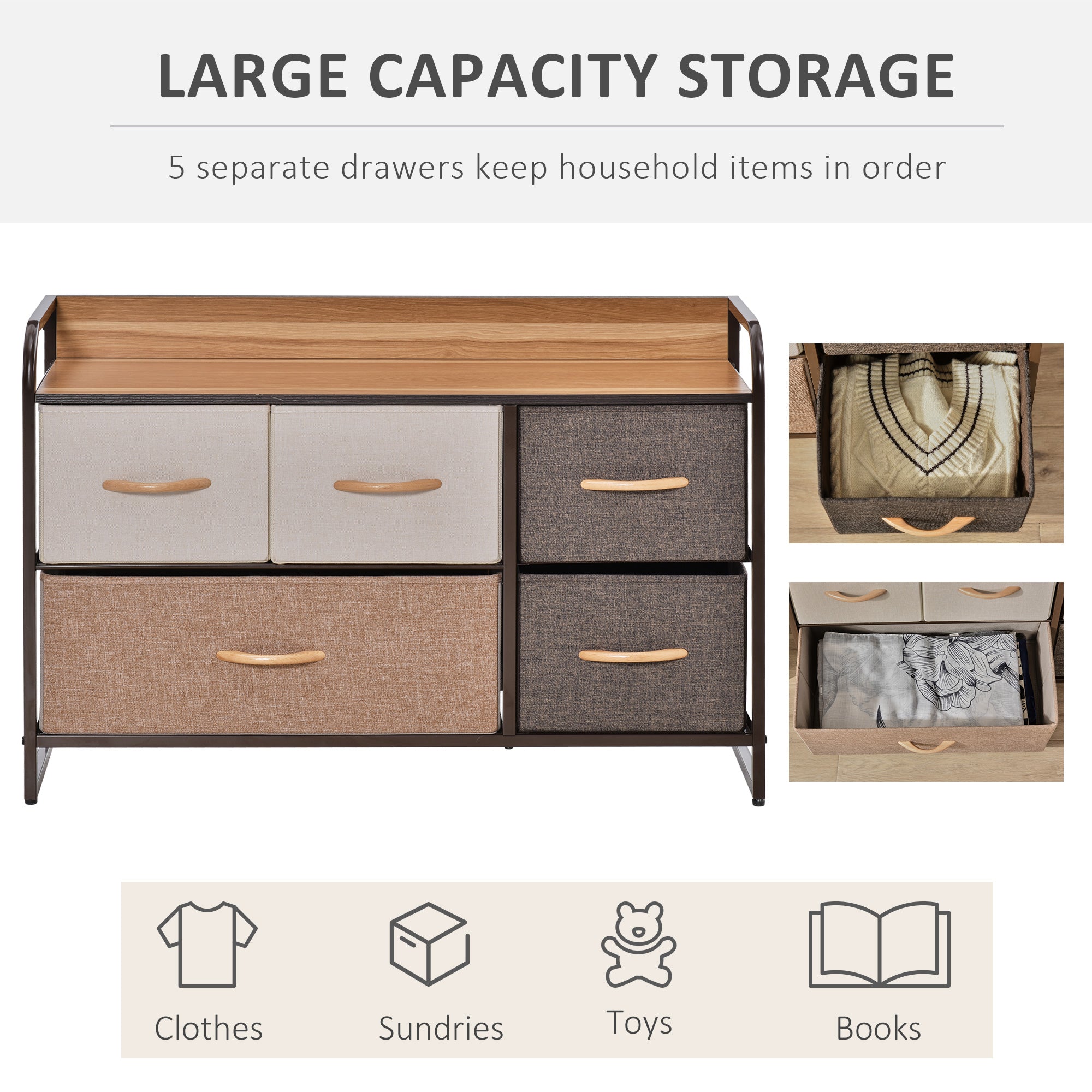 5-Drawer Dresser, 2-Tier Storage Tower with Steel Frame for Bedroom, Nursery Room, Multicolored