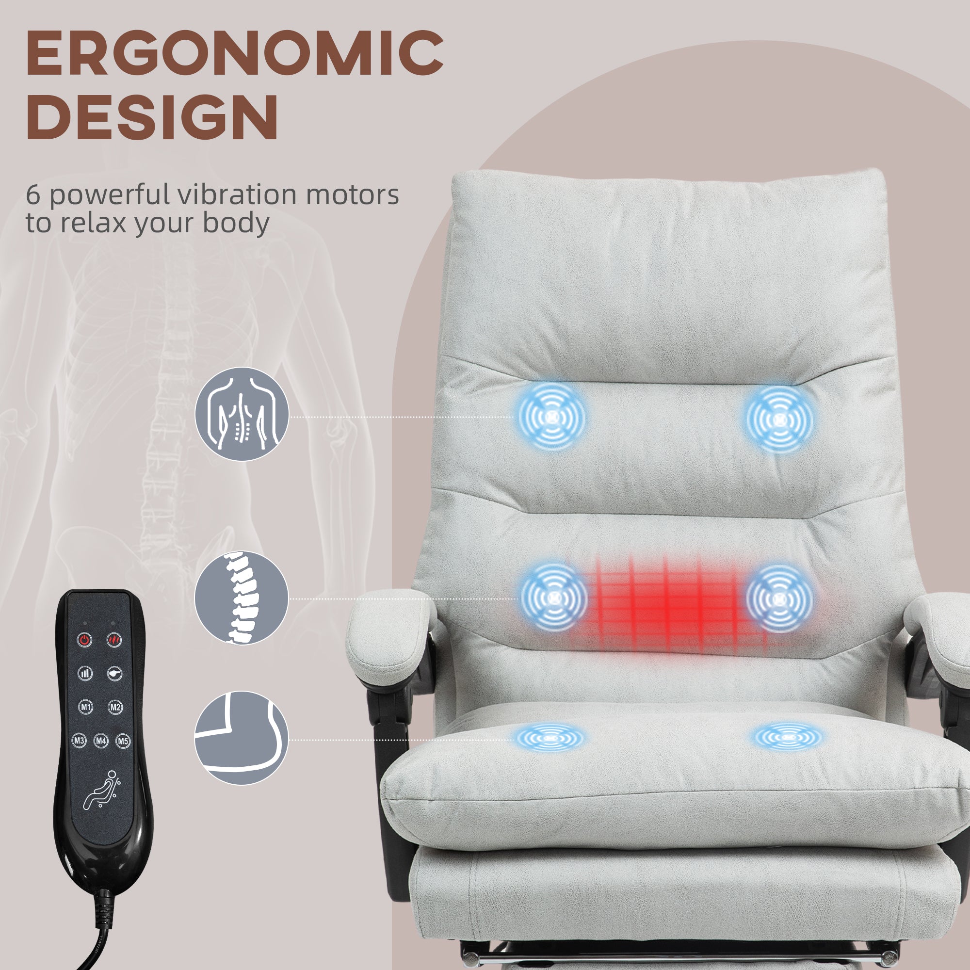 Microfibre Massage Office Chair, Heated Reclining Chair with Footrest, Double-tier Padding, Swivel Wheels, Light Gray