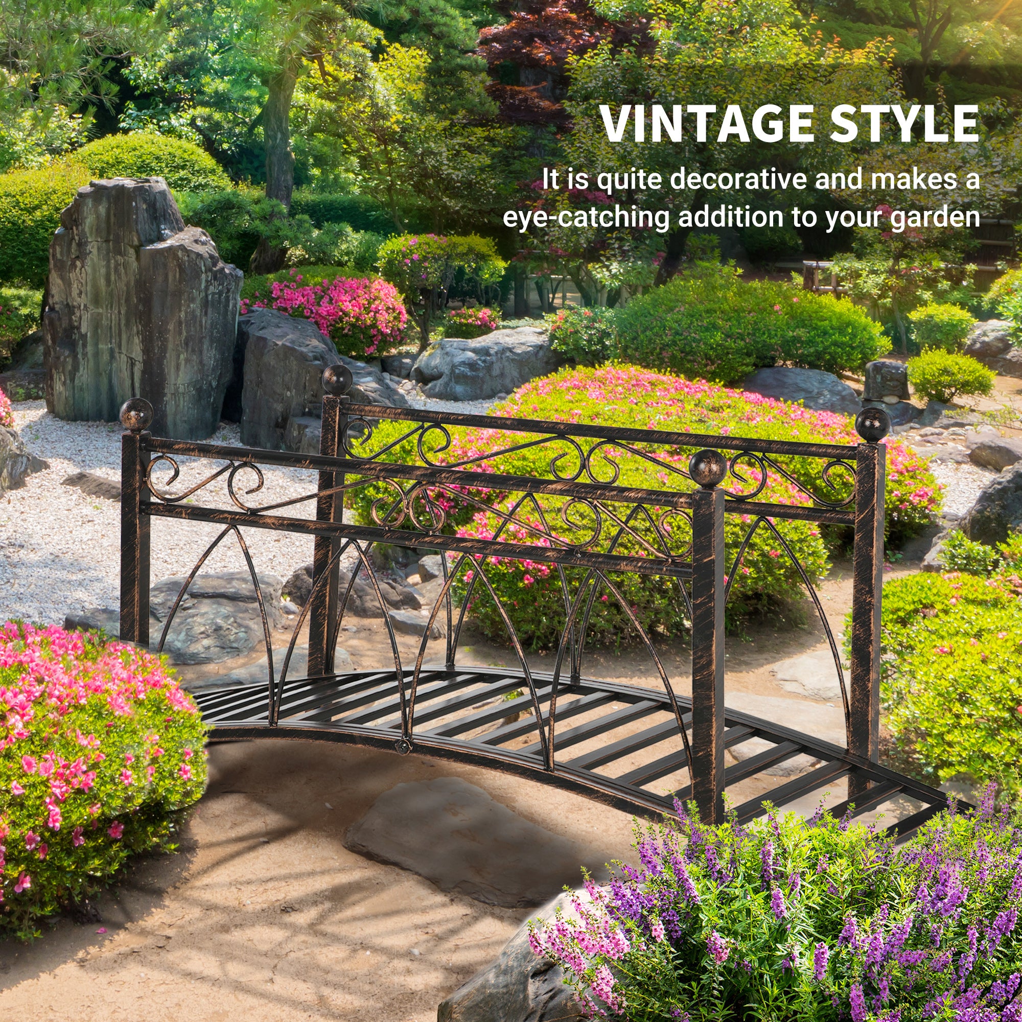 3.3' Metal Arch Zen Garden Bridge with Safety Siderails, Decorative Footbridge, Delicate Scrollwork & Corner Spheres for Stream, Fish Pond, Bronze