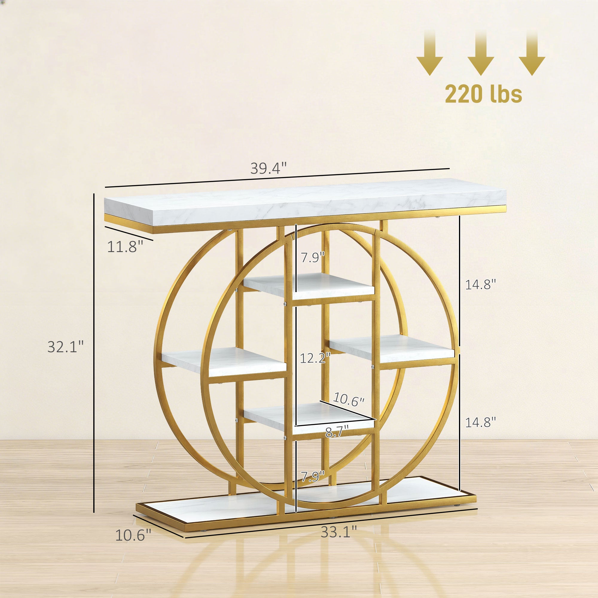 39.4" Console Table with Storage Shelves, Industrial Sofa Table for Living Room, Hallway, White Marble Effect