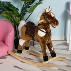 Kids Metal Plush Ride-On Rocking Horse Chair Toy With Nursery Rhyme Music - Dark Brown