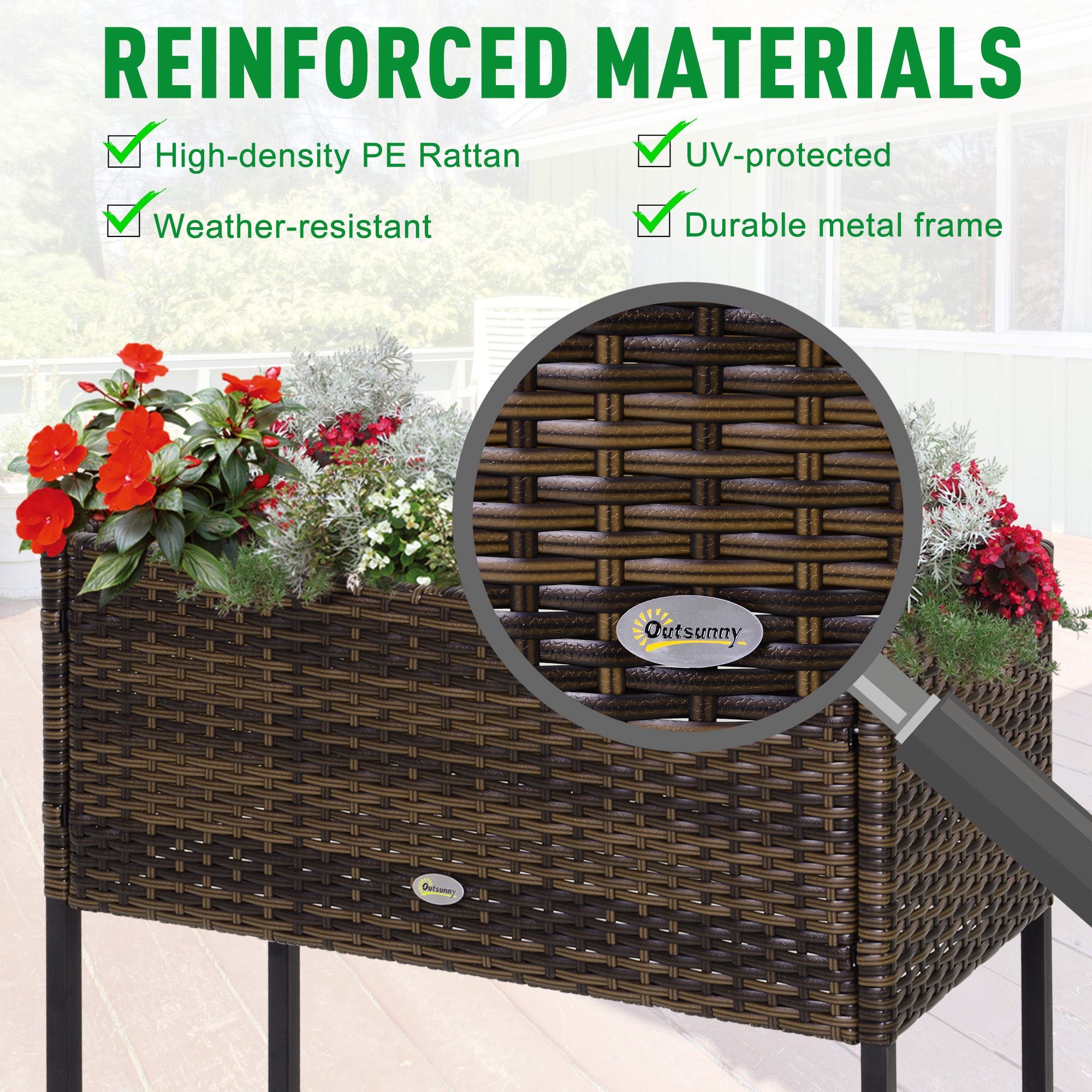 Raised Garden Bed, Elevated Planter Box with Rattan Wicker Look, Tool Storage Shelf, Portable Design for Herbs, Vegetables, Flowers, Brown
