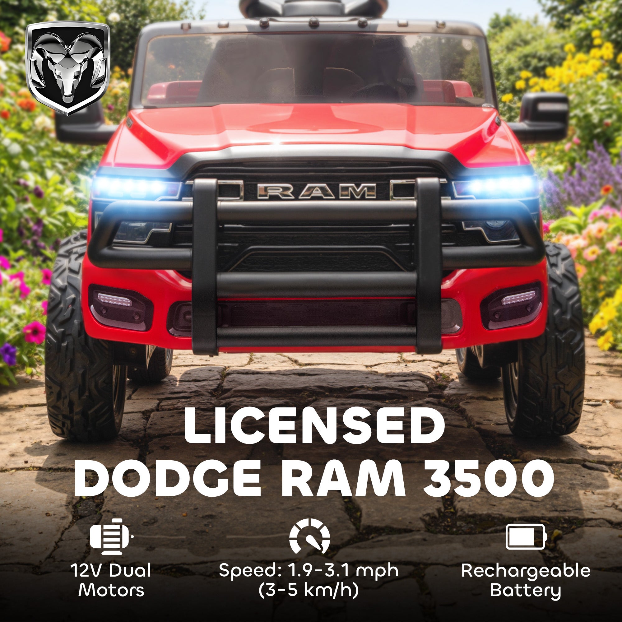 12V Kids Ride on Car, Licensed RAM 3500 Ride on Toys with Dual Motors, Remote Control for Toddlers, Red